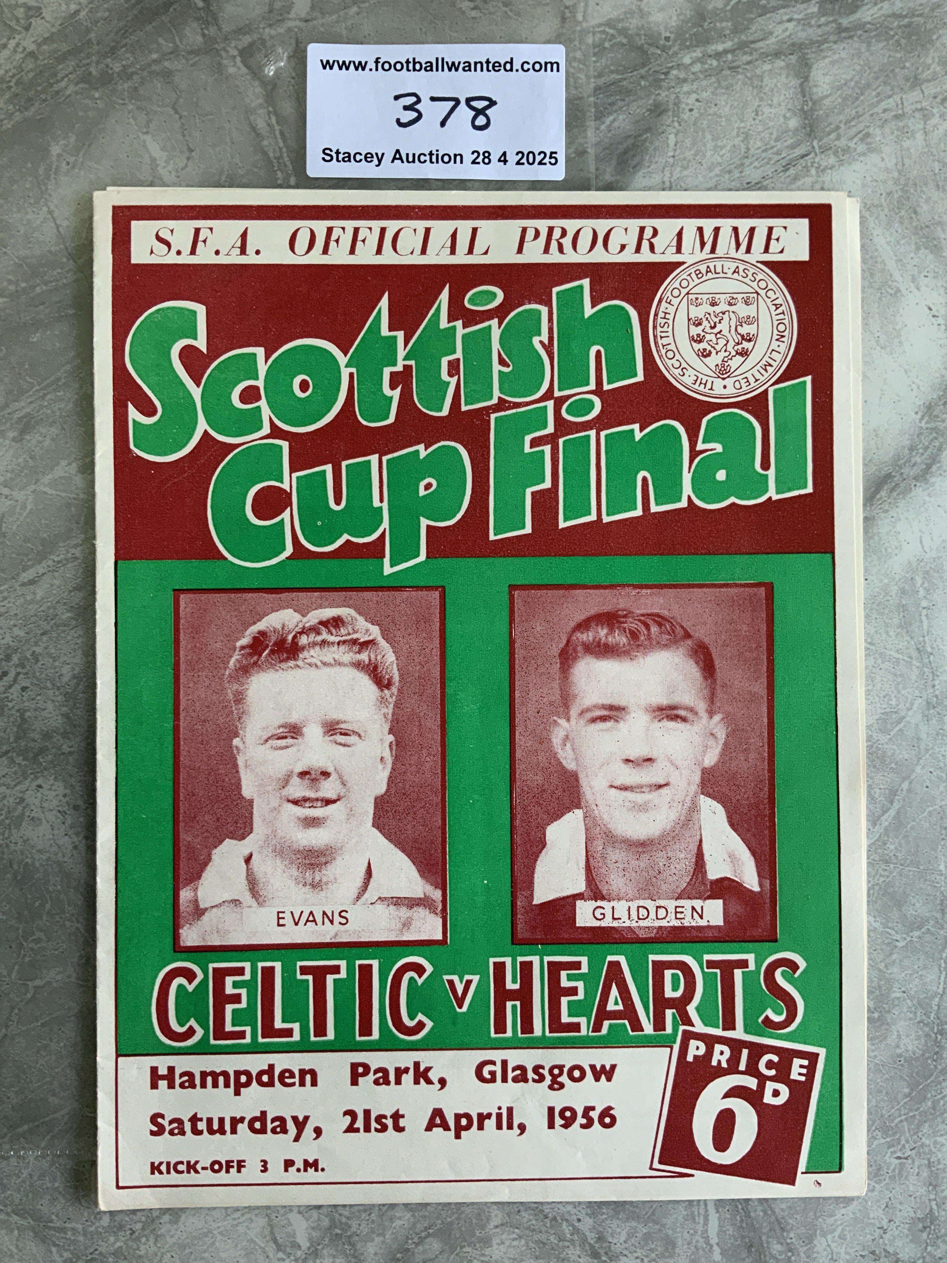 1956 Scottish Cup Final Football Programme: Celtic v Hearts played at Hampden Park in excellent condition with no team changes. Staple removed not rotted away.