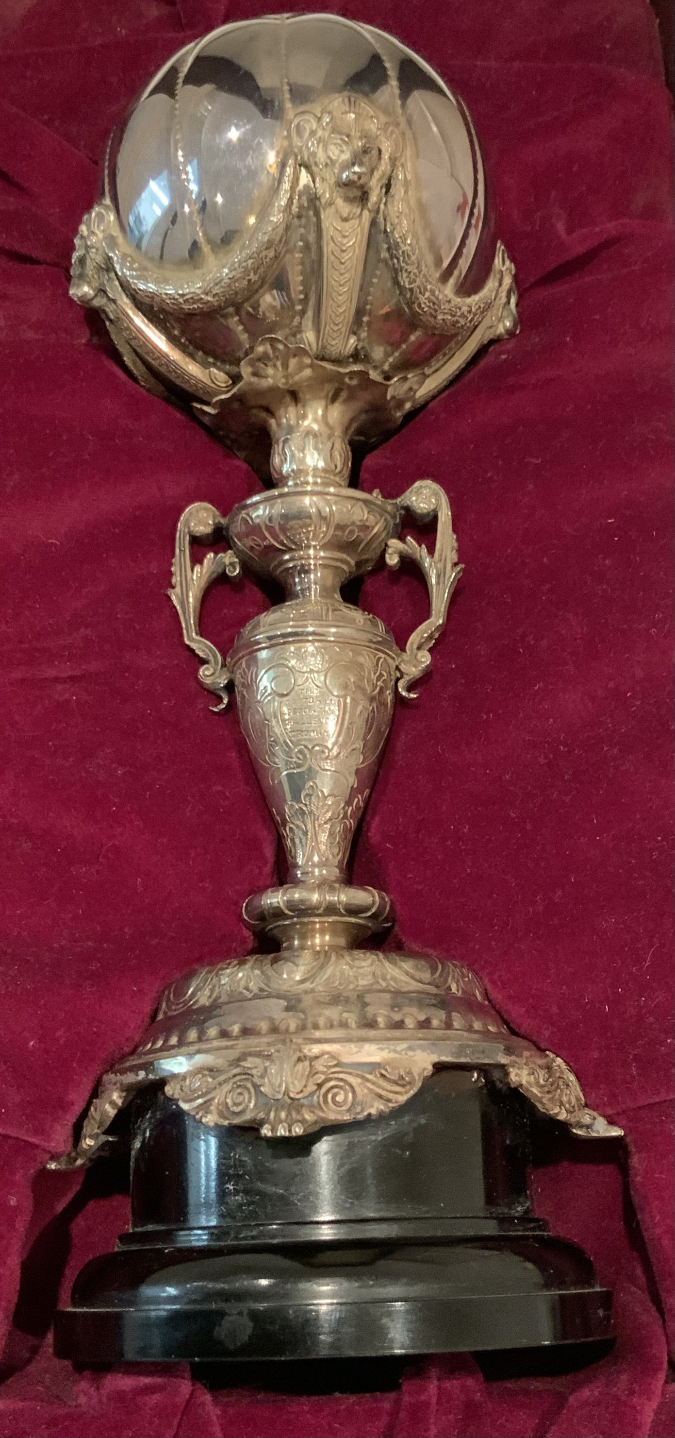 FA Challenge Trophy Presented To Enfield 1987: Stunning exact replica awarded to Enfield for defeating Telford Utd at Wembley on 12 5 1987. Larger trophy was kept for a year. This trophy measures around 9 inches high in original quality box by maker Toye Kenning + Spencer Ltd.
