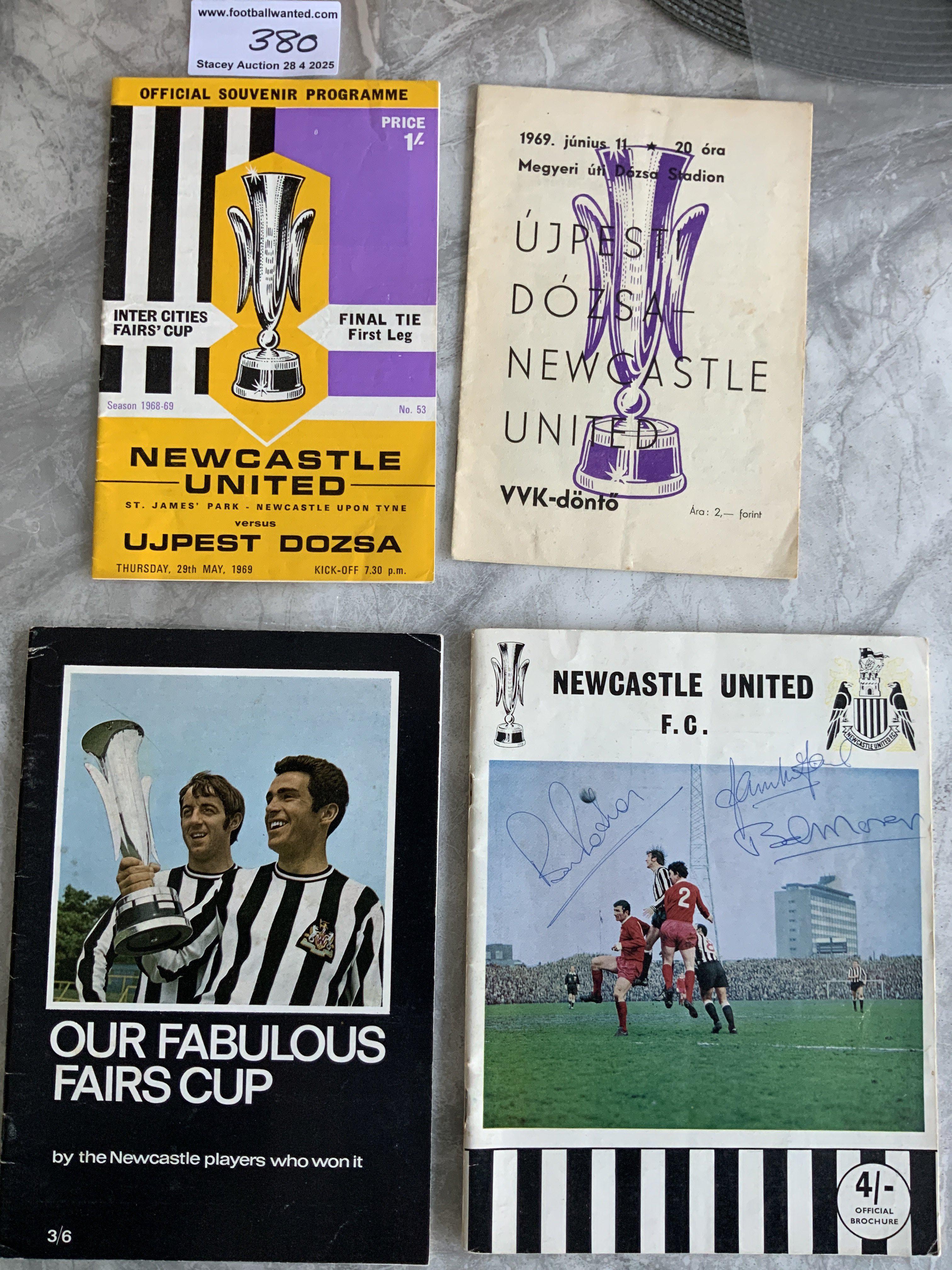 1969 Fairs Cup Final Football Programmes: Both legs of Ujpest Dozsa v Newcastle plus Our Fabulous Fairs Cup and Newcastle United brochures the latter signed to cover by 3 players. Very good. (4)