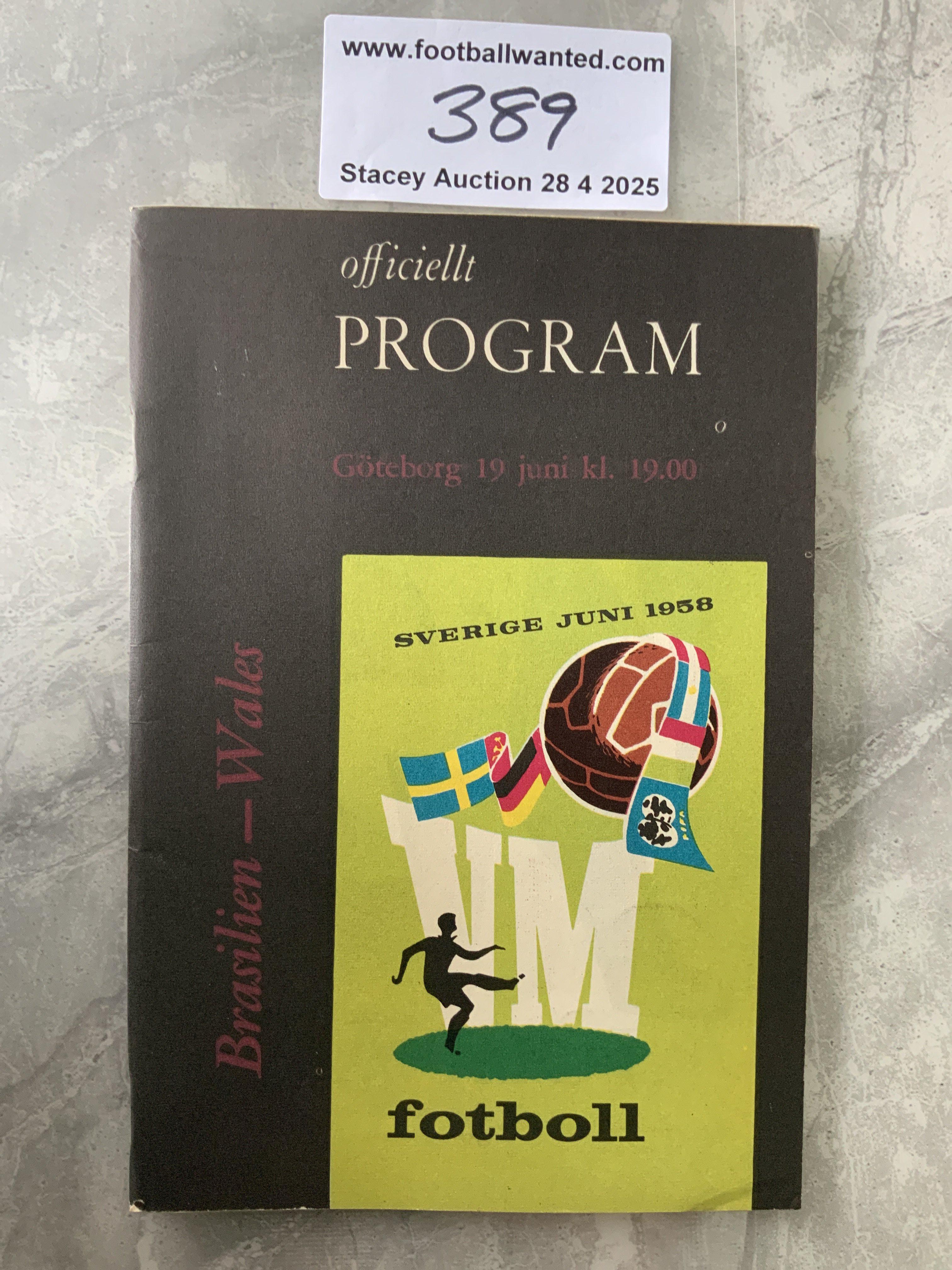 1958 Wales v Brazil World Cup Football Programme: Excellent condition 88 page programme with no team changes. Some great names playing including Pele Garrincha Allchurch and Charles.