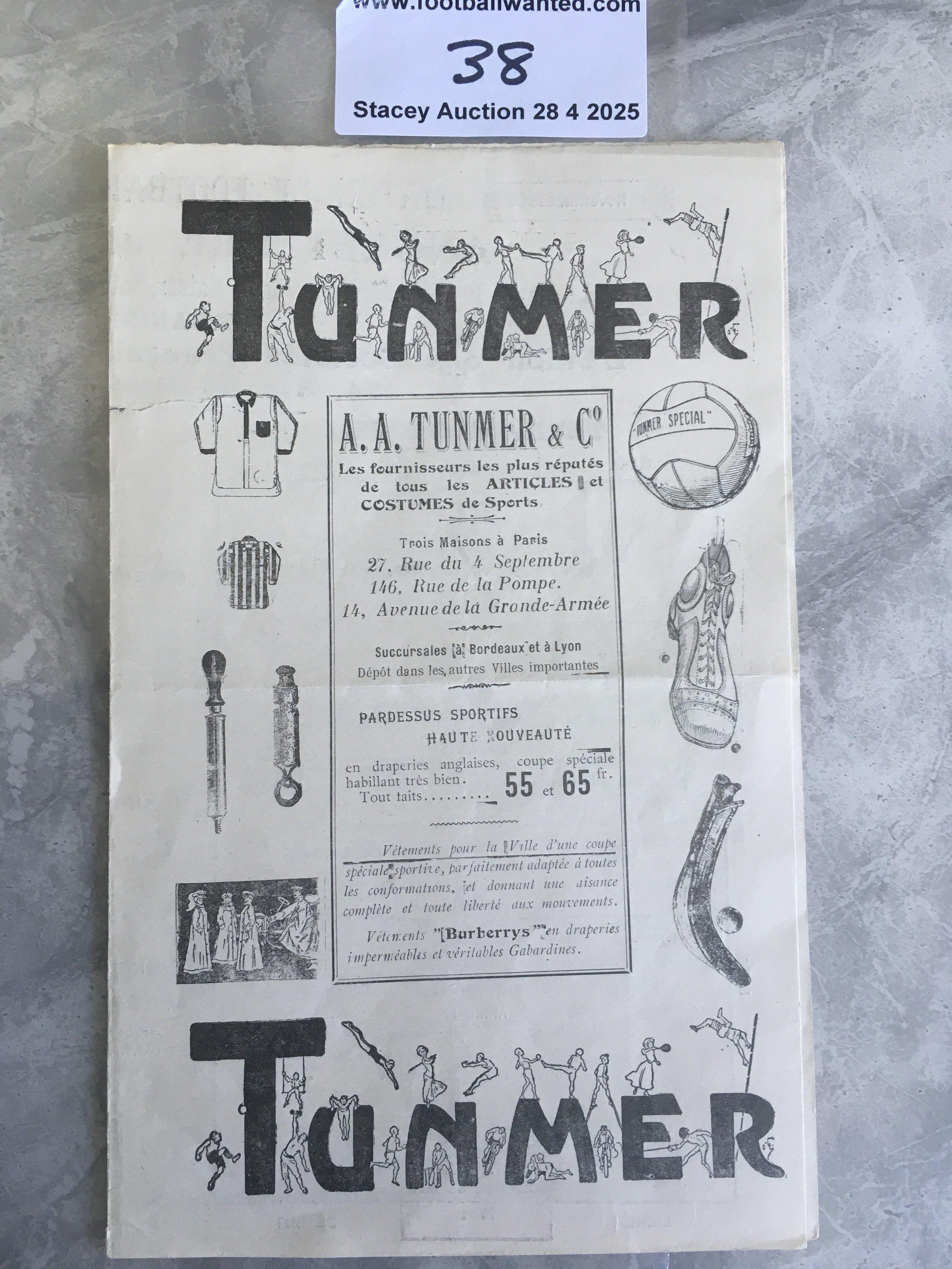 1906 France v England Football Programme: Amateur International in which a strong England team won 15-0. Players include Woodward Tottenham, J Raine Newcastle, FMilnes Sheffield United and Farnfield Norwich. 4 pager dated 1 11 1906 is excellent. Believed to be the first ever Amateur International match for England.