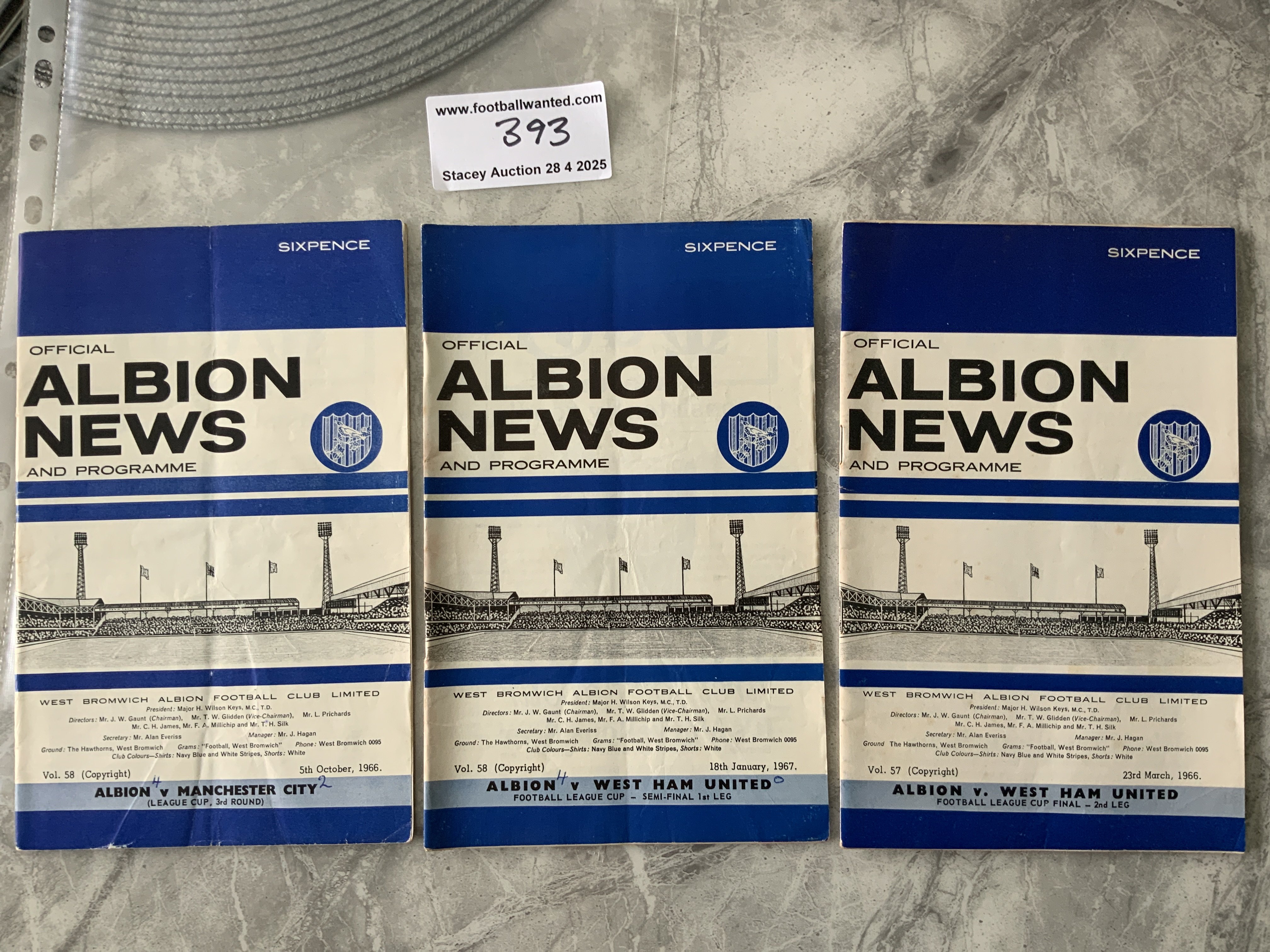 West Brom 1960s League Cup Programmes + Tickets: 1966 League Cup Final programme in good condition. C/W from the following seasons league cup run Man City and West Ham semi final programmes and tickets which have score to cover all played at West Brom.