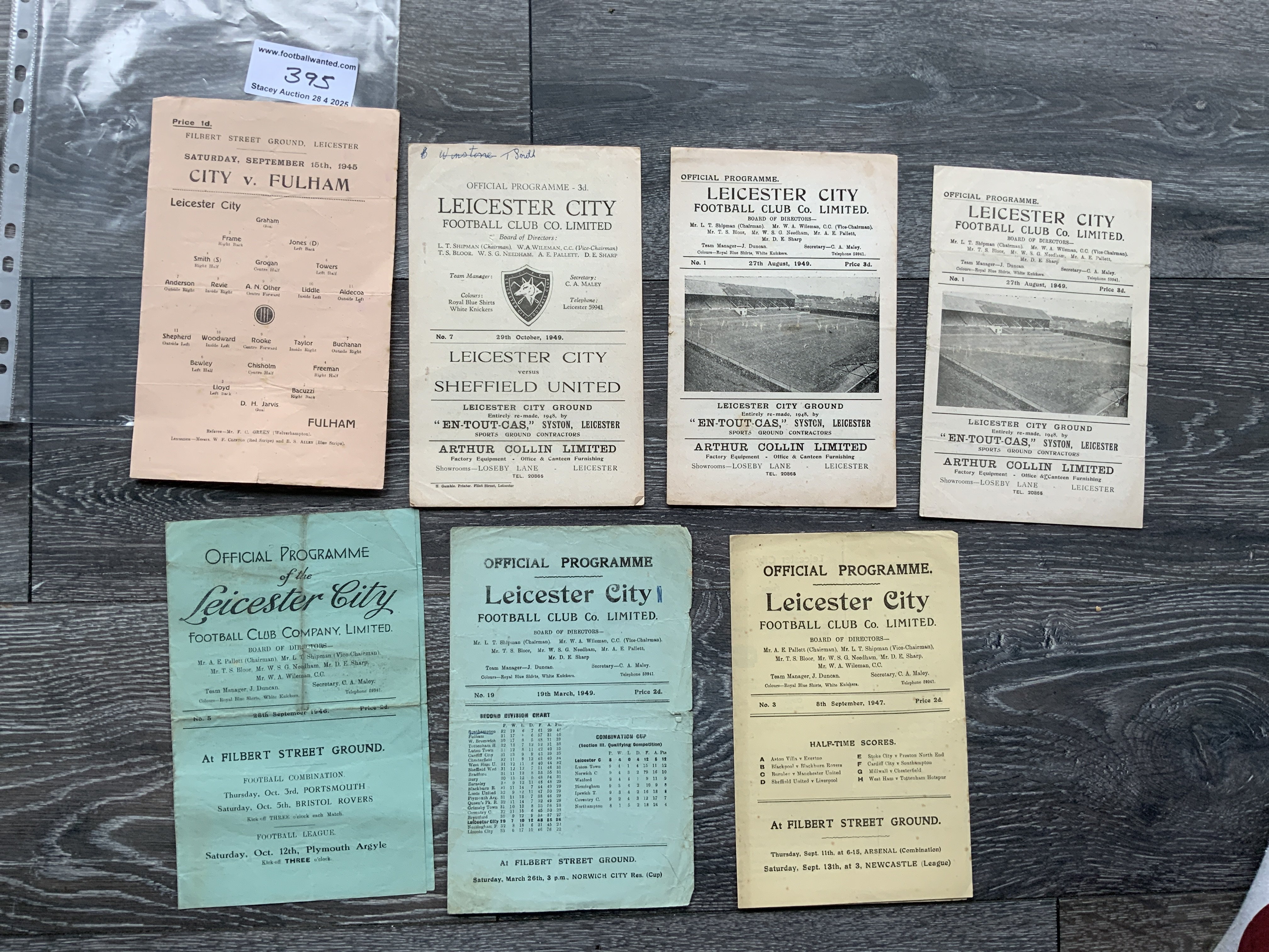 Leicester City 1940s Home Football Programmes: 45/46 Fulham, 46/47 Bury, 47/48 Luton, 48/49 Southampton, 49/50 Hull x 2, Sheffield Utd. Fair. (7)