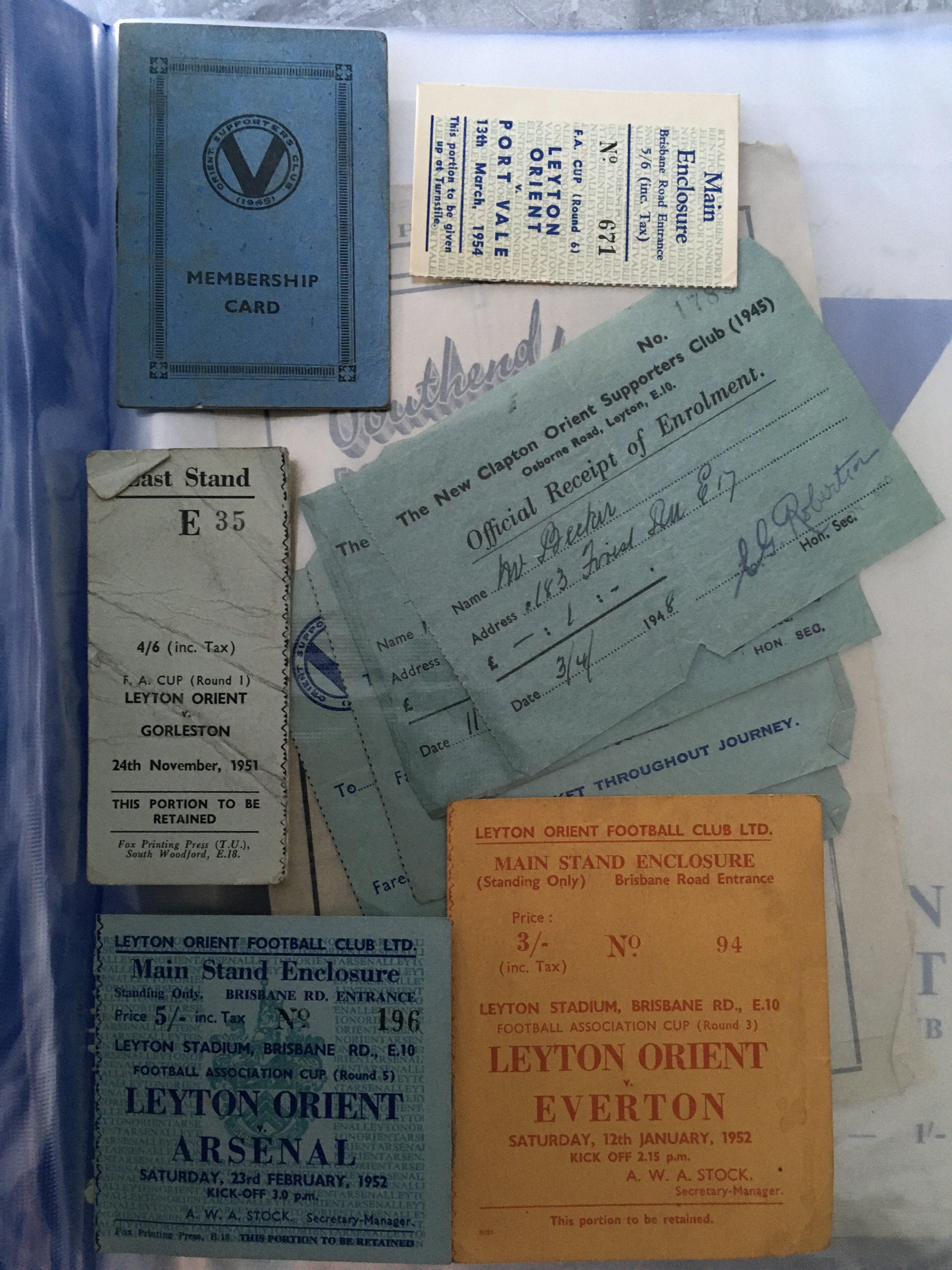 Leyton Orient 1940s + 1950s Football Memorabilia Folder: Must view to includes 51/52 home FA Cup tickets v Everton Arsenal and Gorleston. There are membership cards, supporters club enrolment receipts, handbook, fixture lists, cuttings, team group pictures, 1948 Spotlight magazine and 11 early 50s programmes.