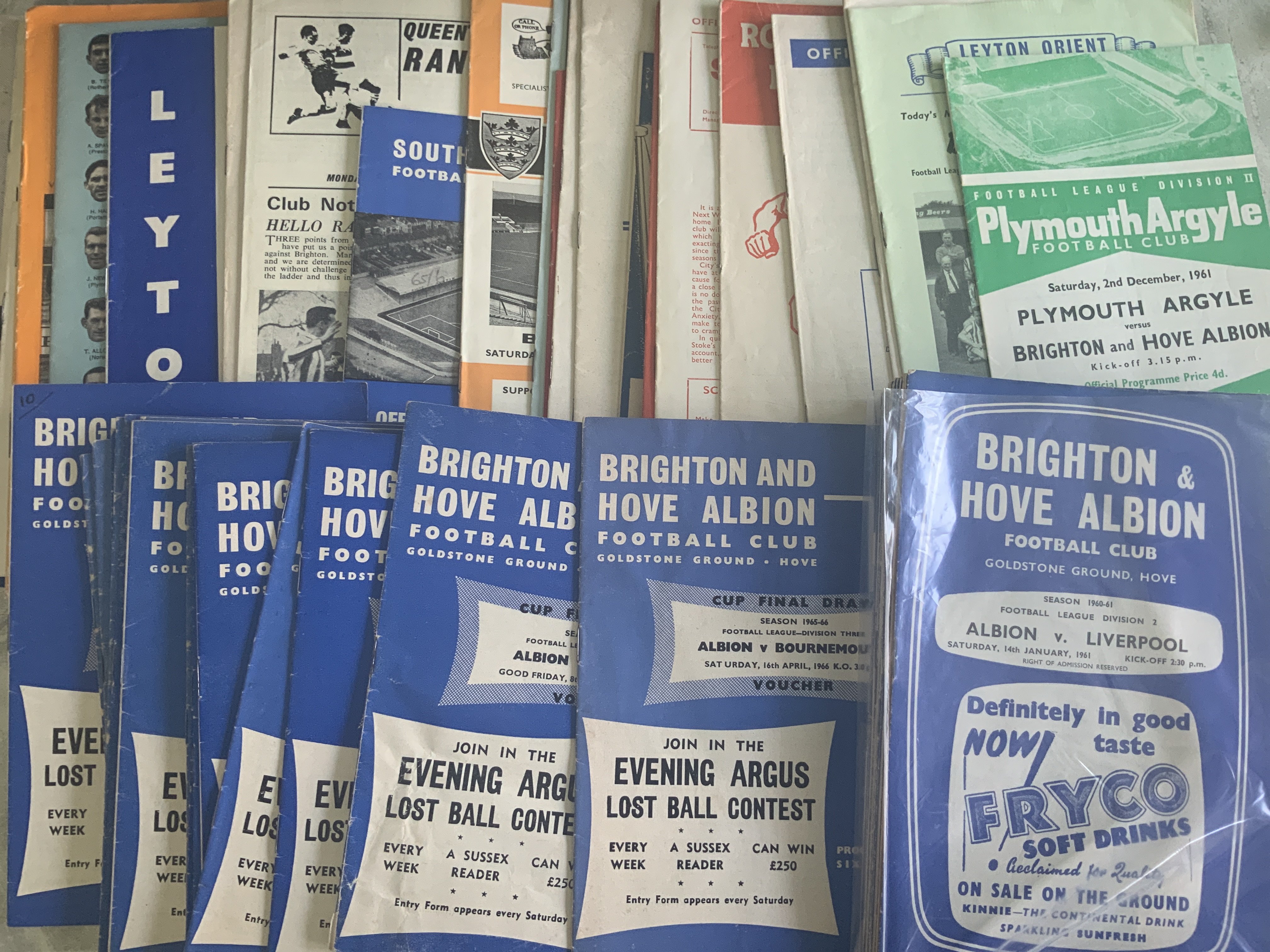Brighton Football Programmes: Set of 22 homes from 60/61 including foreign friendlies, 18 from 65/66 plus some 60s aways. Good. (74)