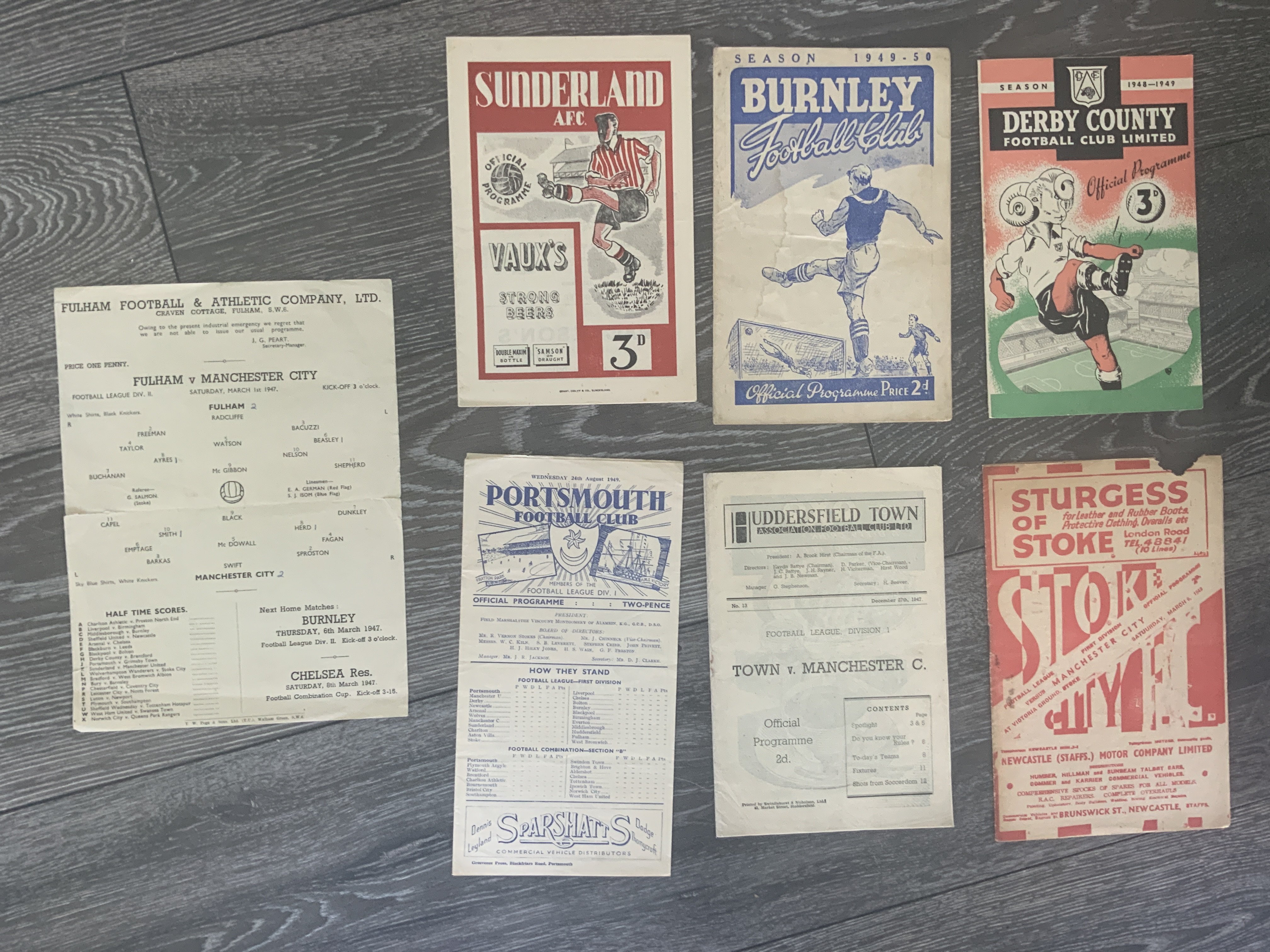 Manchester City Away Football Programmes: 46/47 Fulham single sheet with tear, 47/48 Stoke piece missing, Huddersfield, 48/49 Derby, 49/50 Portsmouth, Burnley stain, 51/52 Sunderland. Good unless stated. (7)