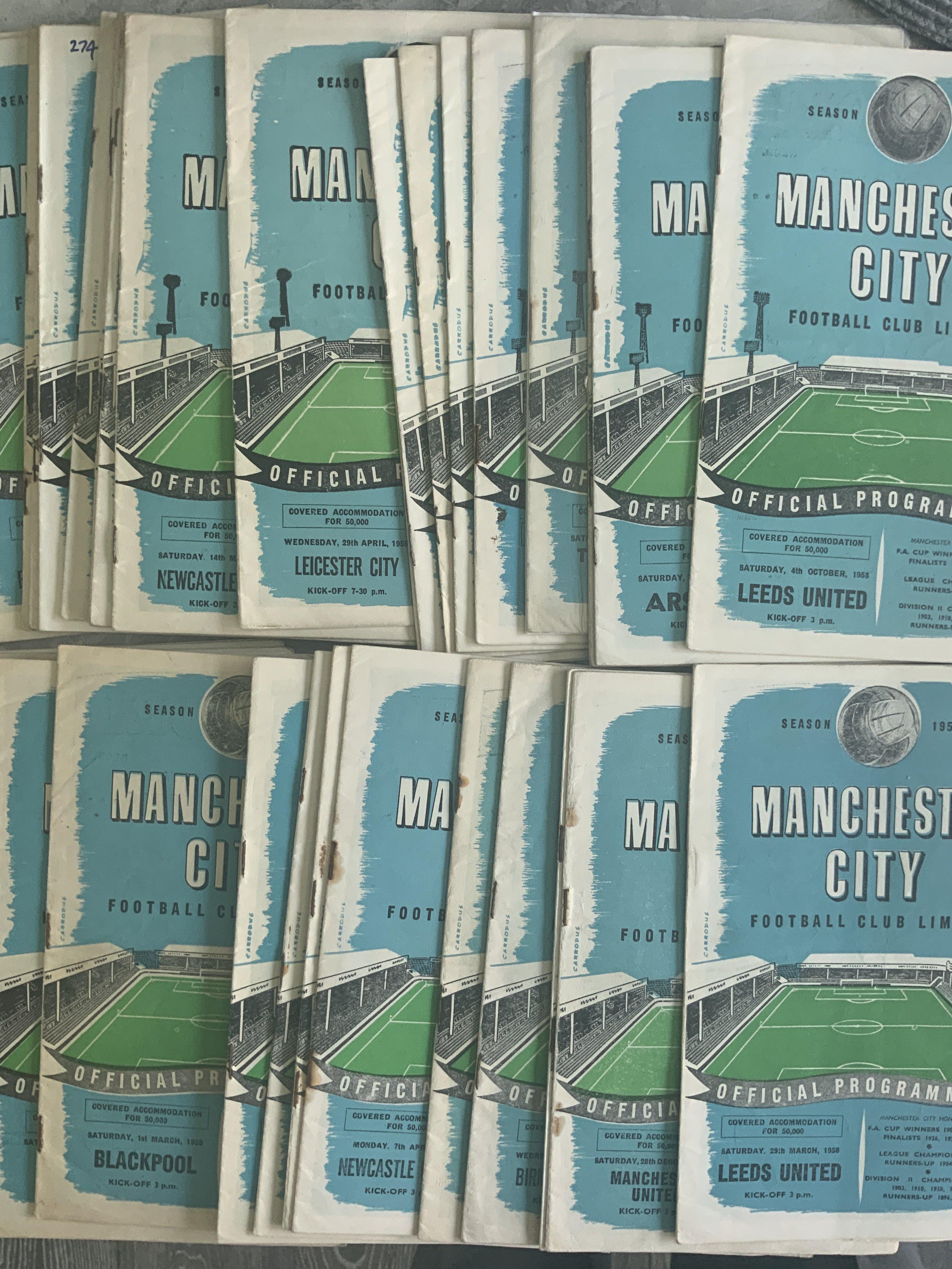 1950s Manchester City Home Football Programmes: Complete sets of 21 homes from seasons 57/58 + 58/59 to include Manchester United Leeds and Chelsea. Good with some staple rust. (42)