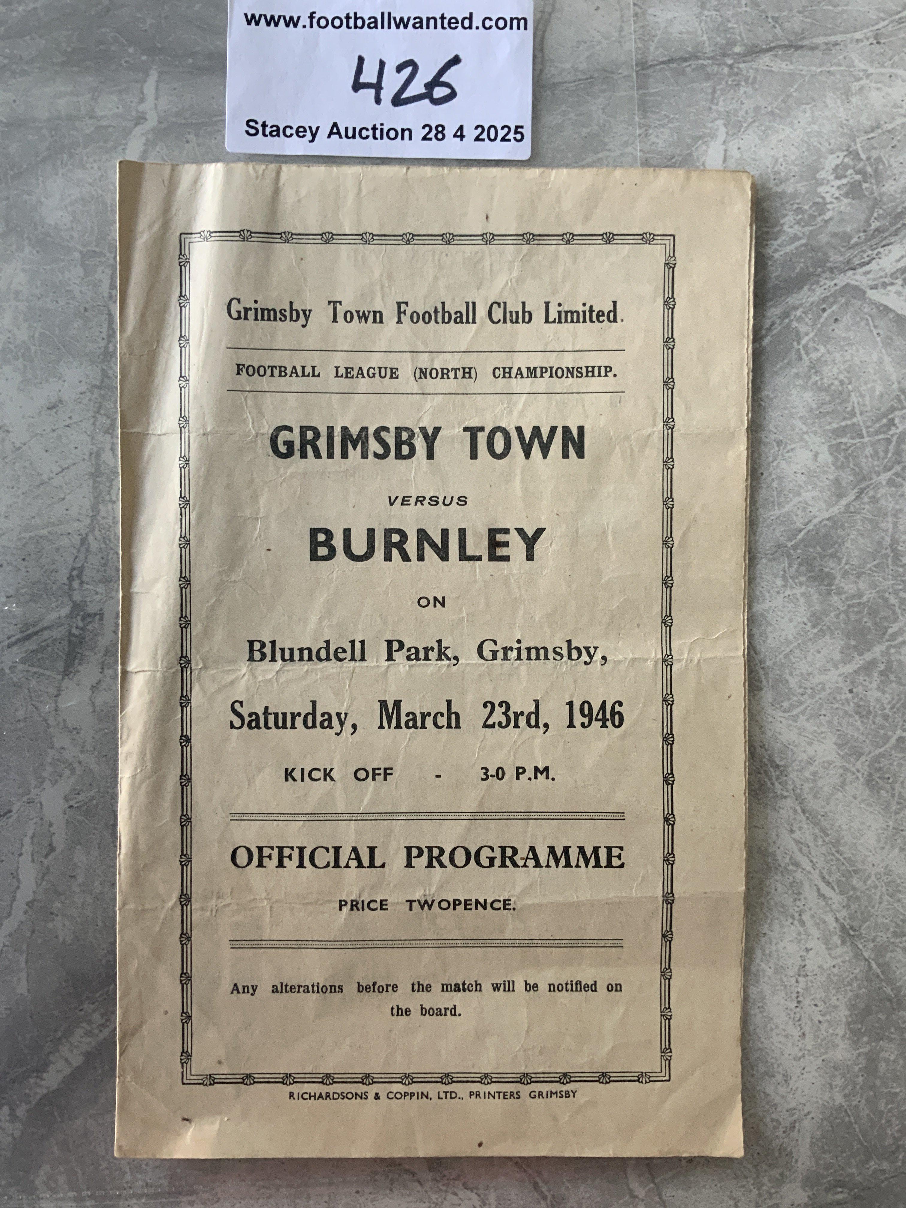 45/46 Grimsby Town v Burnley Football Programme: Four pager in fair/good condition with team changes. Fold.