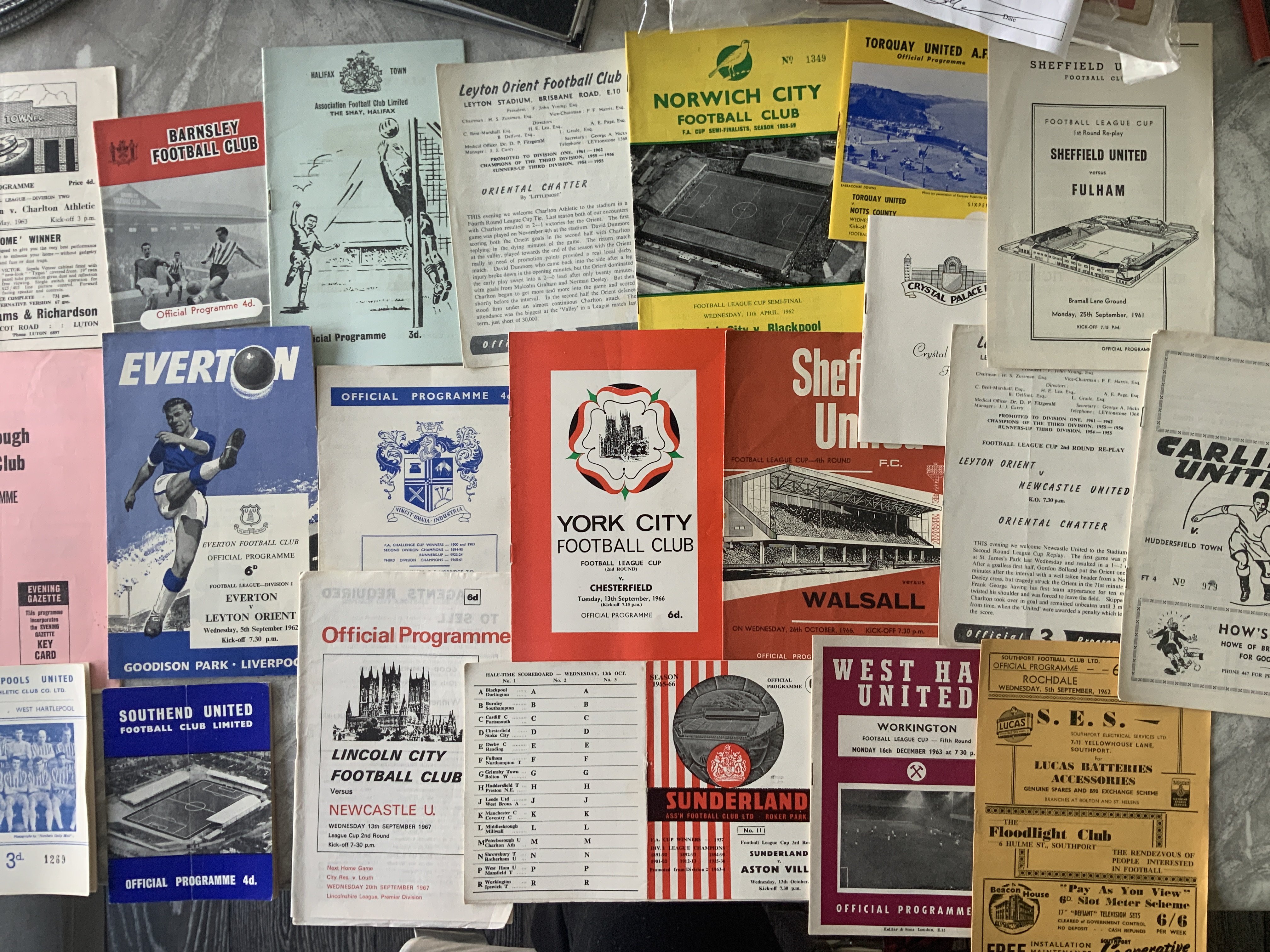 1960s League Cup Football Programmes: Includes 61/62 Norwich v Blackpool SF, Carlisle v Huddersfield, Sheffield United v Fulham, 62/63 Middlesbrough v Leeds, Hartlepool v Barnsley, Barnsley v Luton, 63/64 Halifax v Walsall, West Ham v Workington and more. Very good. (20+)
