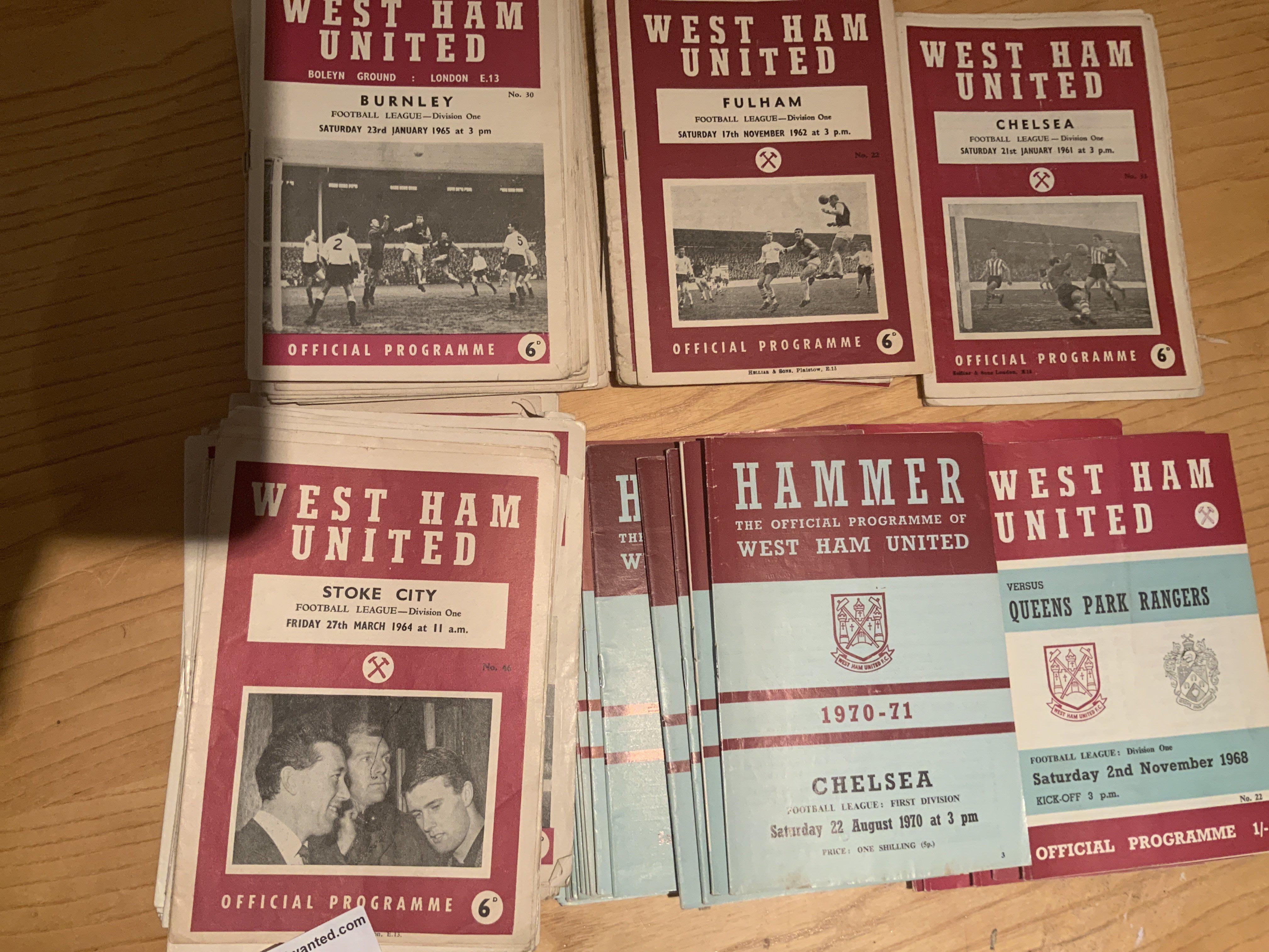 1960s West Ham Home Football Programmes: Includes 63/64 Workington League Cup. Good condition from 60/61 to 70/71. (est 100)