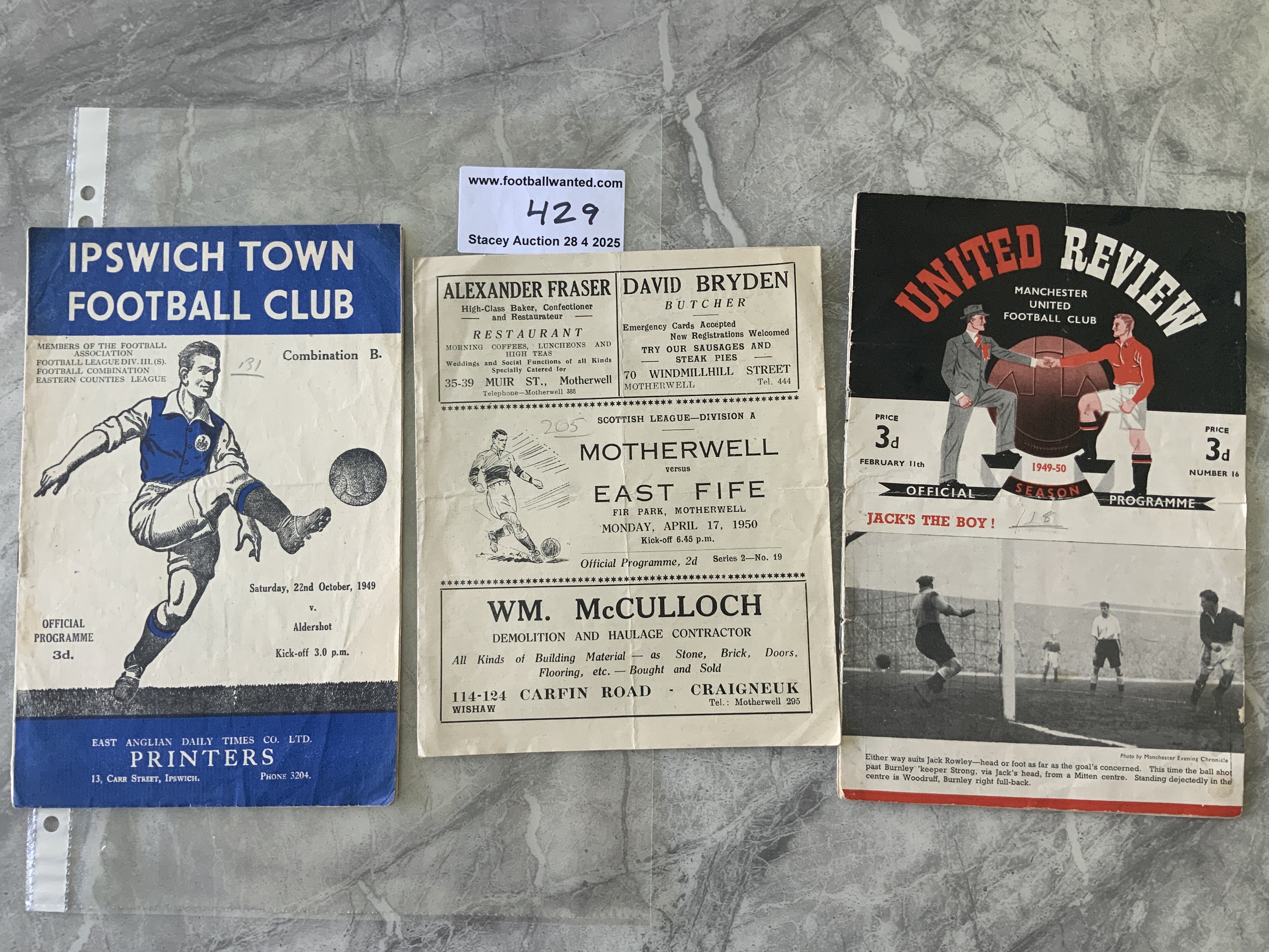 49/50 Football Programmes: Motherwell v East Fife, Ipswich v Aldershot Reserves and Manchester United v Portsmouth spine nearly completely split. All have folding but no team changes. (3)