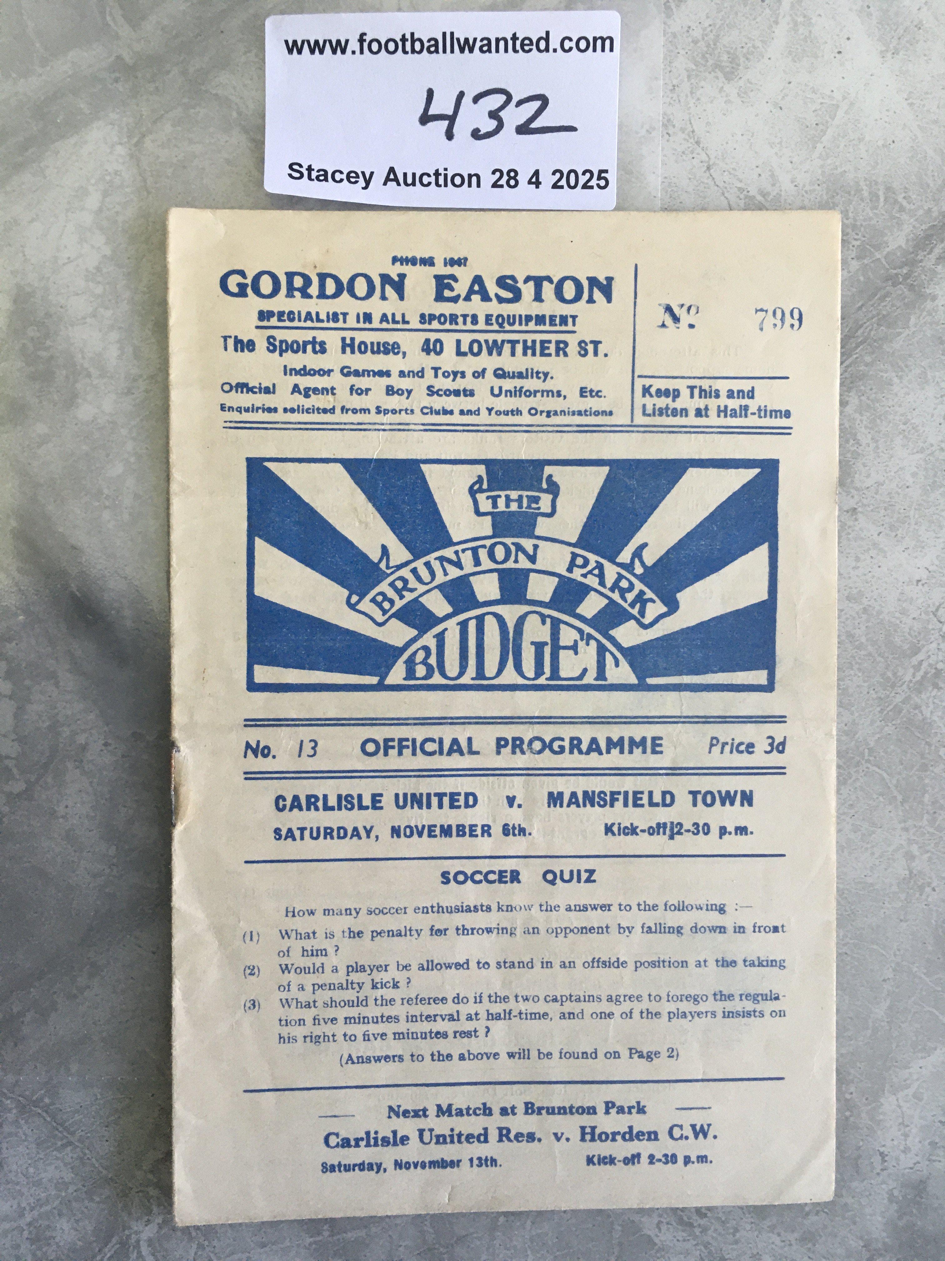 48/49 Carlisle United v Mansfield Town Football Programme: