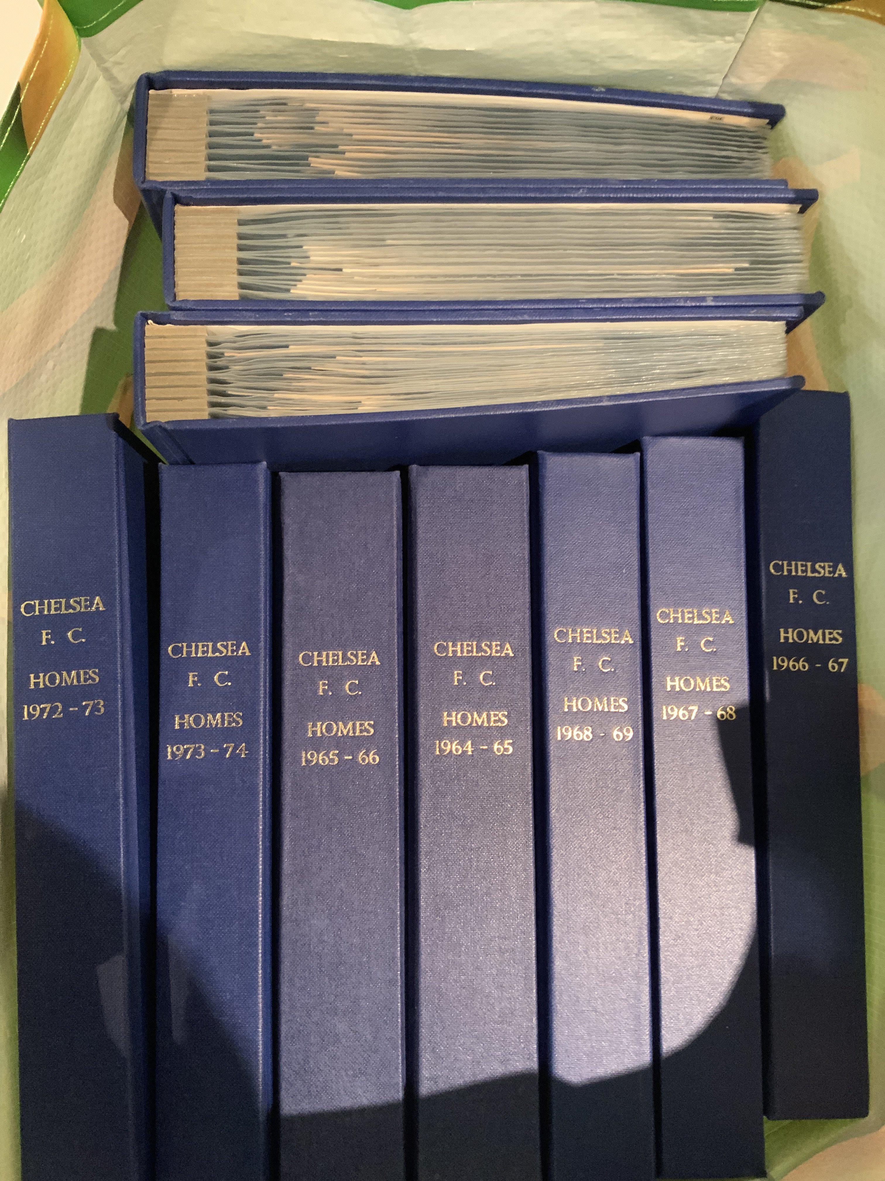 64/65 - 73/74 Chelsea Home Football Programmes: Complete home football programmes including FA Cup matches blue binders with gold lettering stating Chelsea FC Homes and season. Mainly good. (10 seasons)