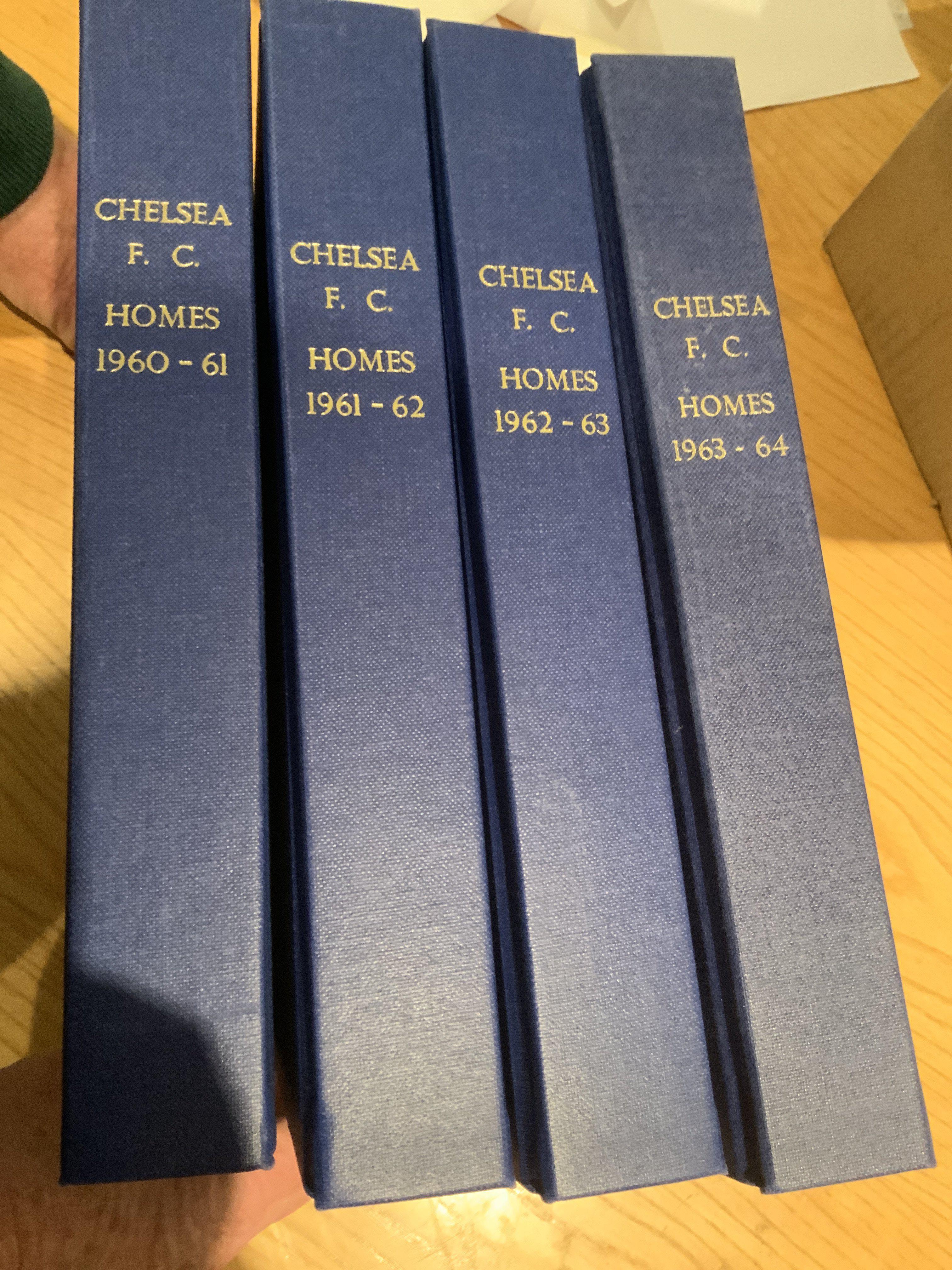 60/61 - 63/64 Chelsea Home Football Programmes: Complete home football programmes including cup matches in blue binders with gold lettering stating Chelsea FC Homes and season. A few have score to cover and 60/61 season has a lot of tokens missing. (4 seasons)