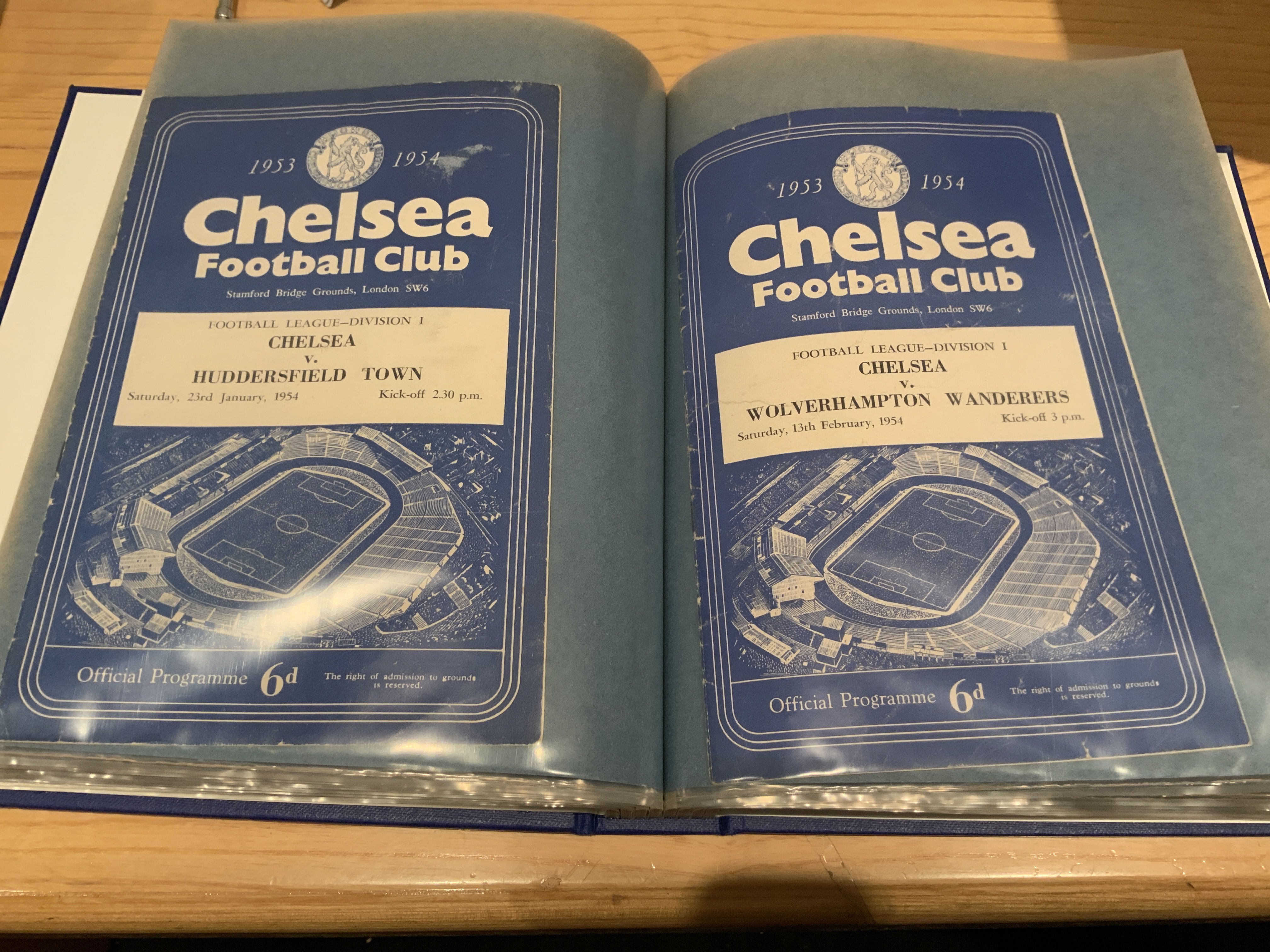 53/54 Chelsea Home Football Programmes: All 21 home league football programmes in very good condition in a blue binder with gold lettering stating Chelsea FC Homes 1953-54.