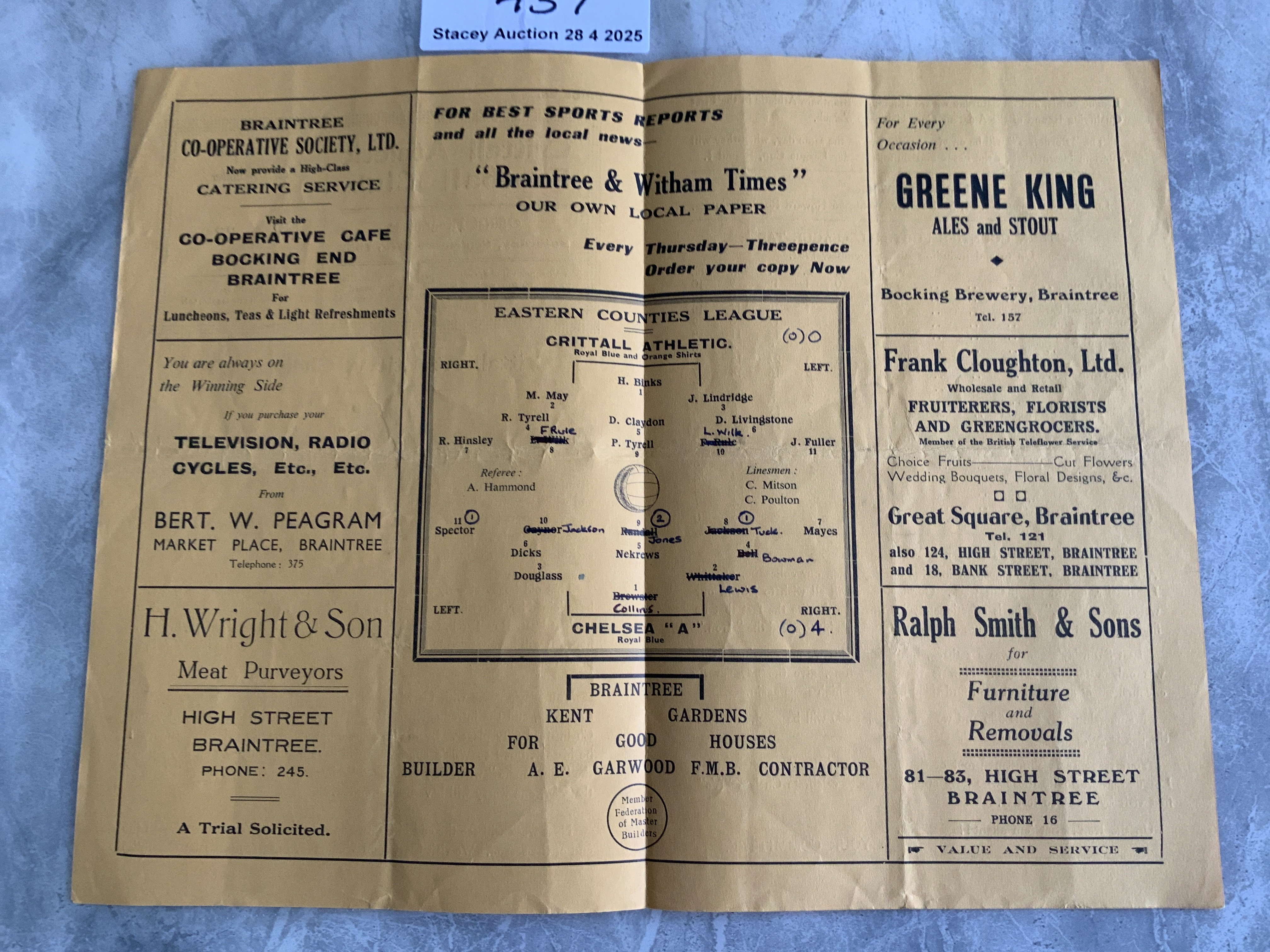 52/53 Crittall Athletic v Chelsea A Football Programme: Very good condition Eastern Counties League programme with team changes and score to team page. Dated 27 9 1952.