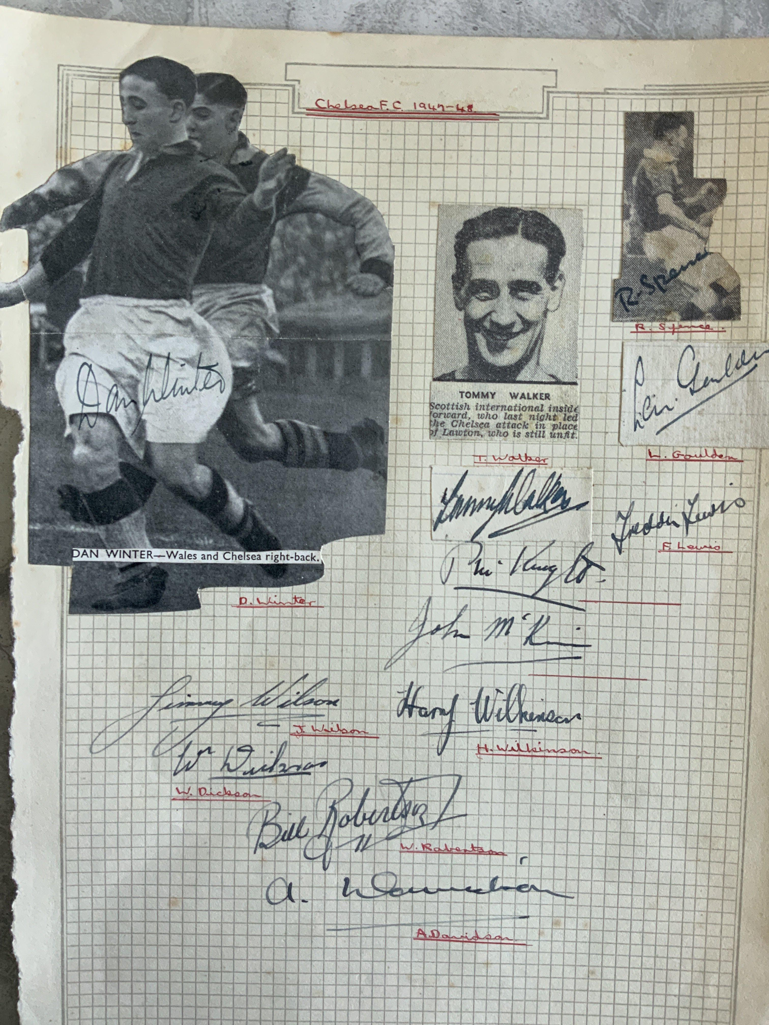 47/48 Chelsea Football Autographs: Lined page signed by 12 with 9 of them direct and 3 stuck on. C/W two partly signed team groups.