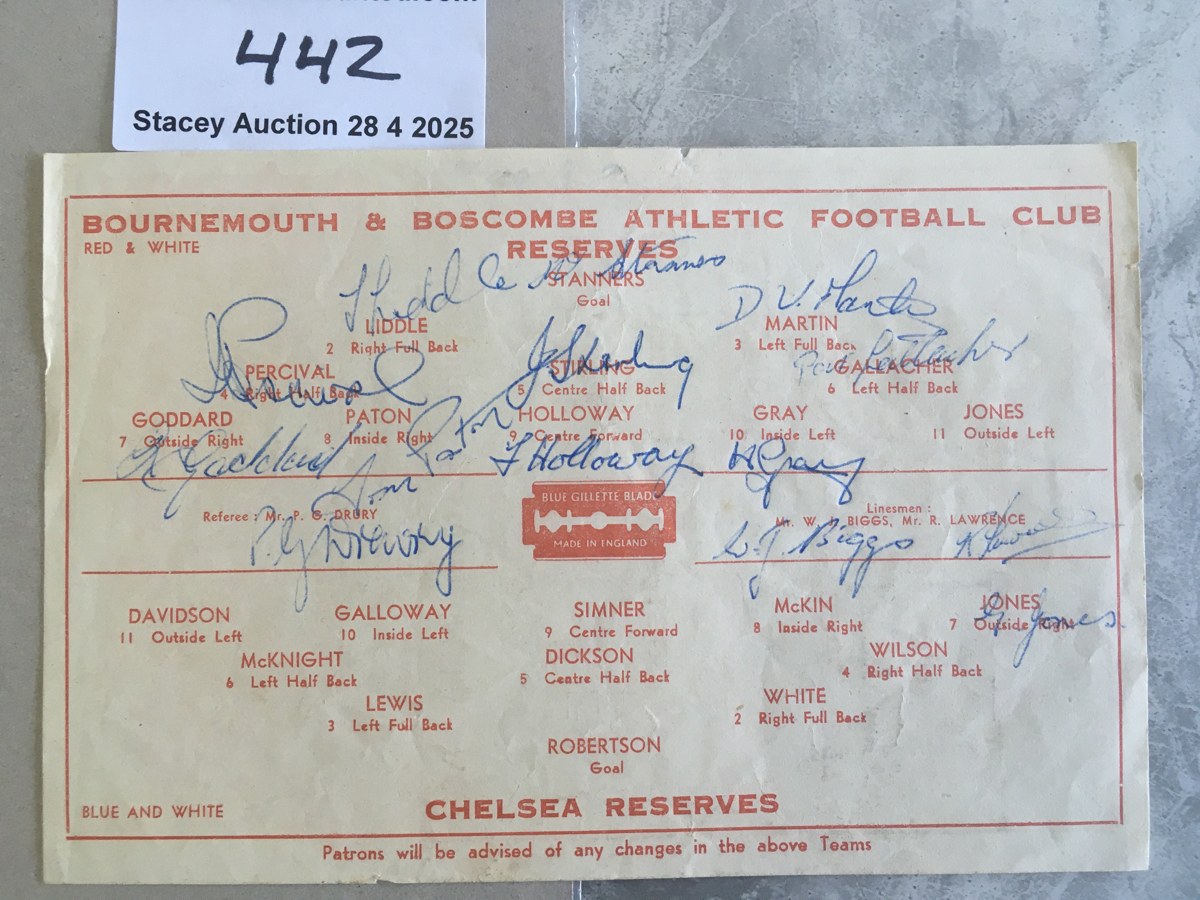 47/48 Bournemouth v Chelsea Signed Football Combination Programme: Rare single sheet dated 15 11 1947 fully signed by the Bournemouth team. Very good.