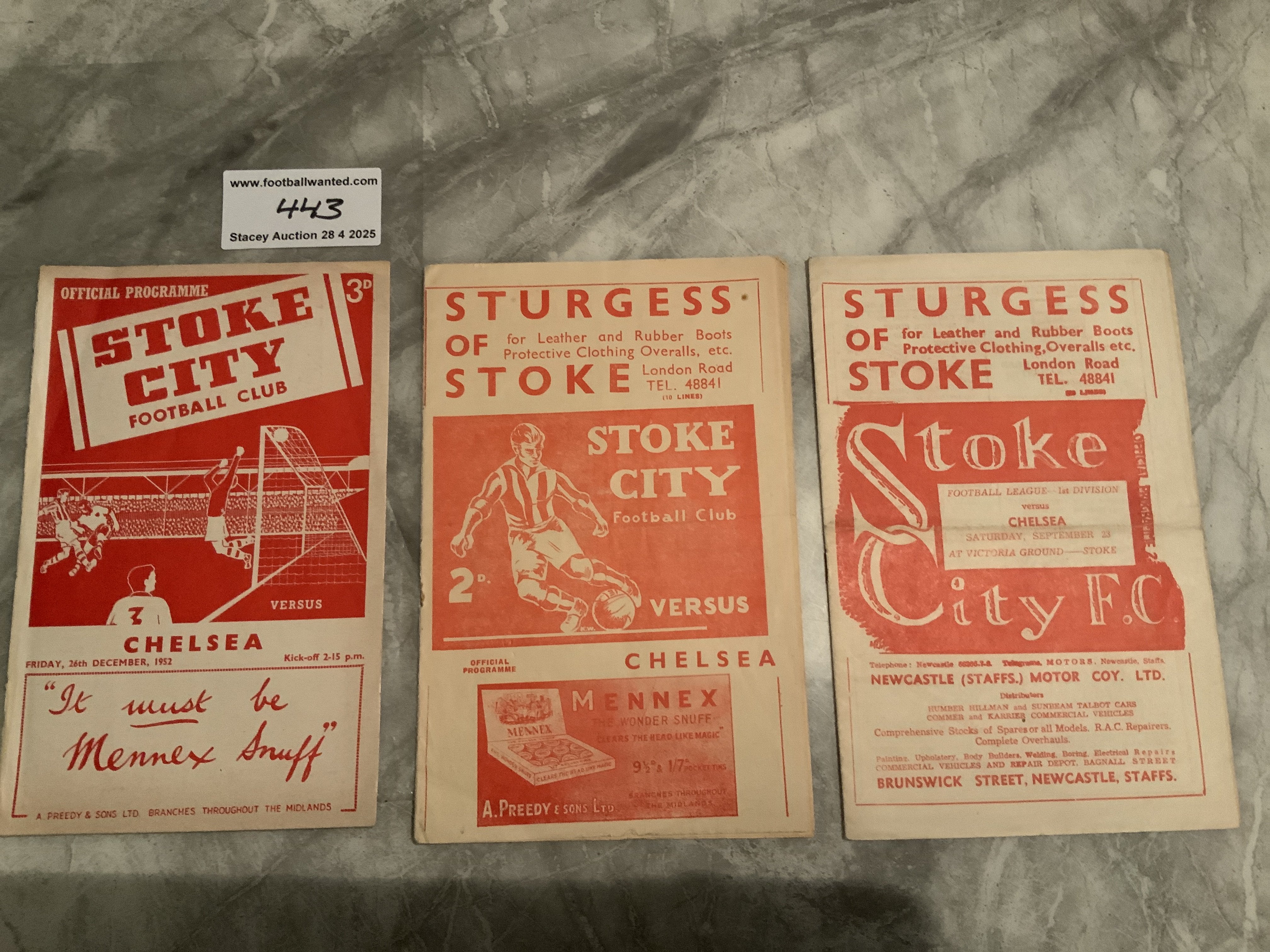 1950s Stoke City v Chelsea Football Programmes: 50/51 51/52 52/53 in very good condition with no team changes. 50/51 has score and scorers noted to team page. (3)
