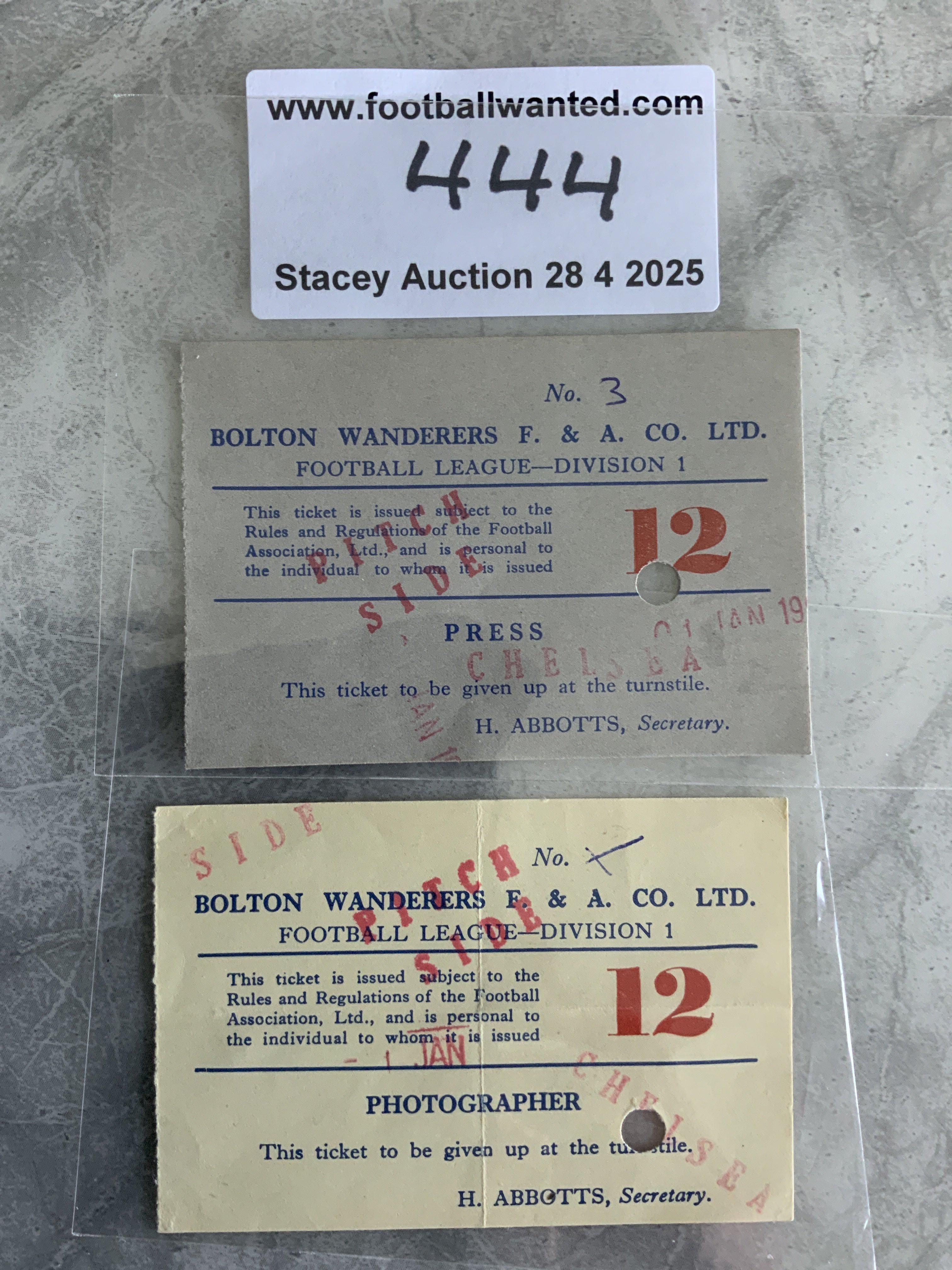 54/55 Bolton v Chelsea Press Football Tickets: Pitch side press and photographer tickets with a hole punch in each. Chelsea were champions this season.