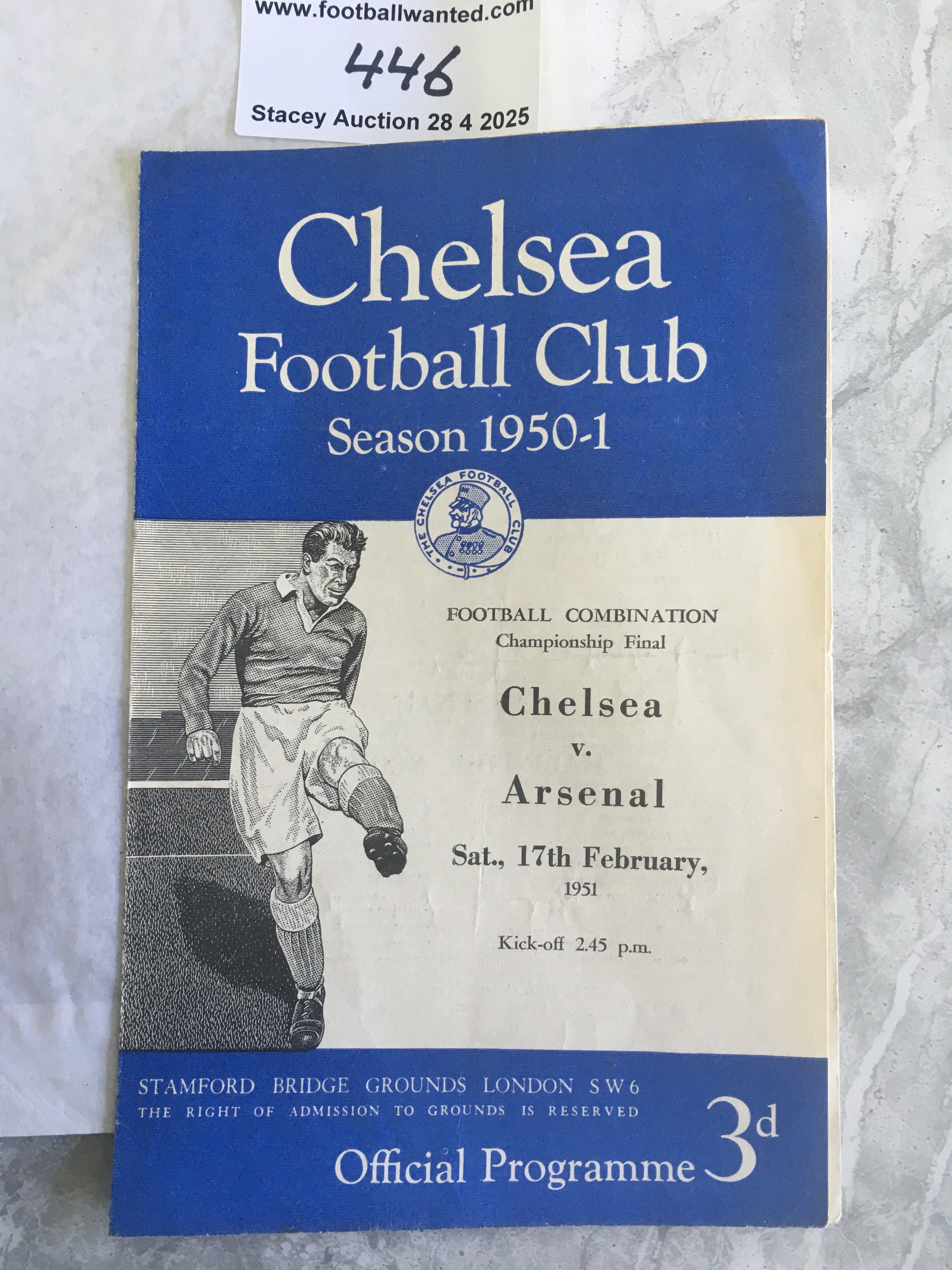 1951 Combination Cup Final Football Programme: Chelsea v Arsenal dated 17 2 1951. Very good condition 4 pager with no team changes. Lightest fold.