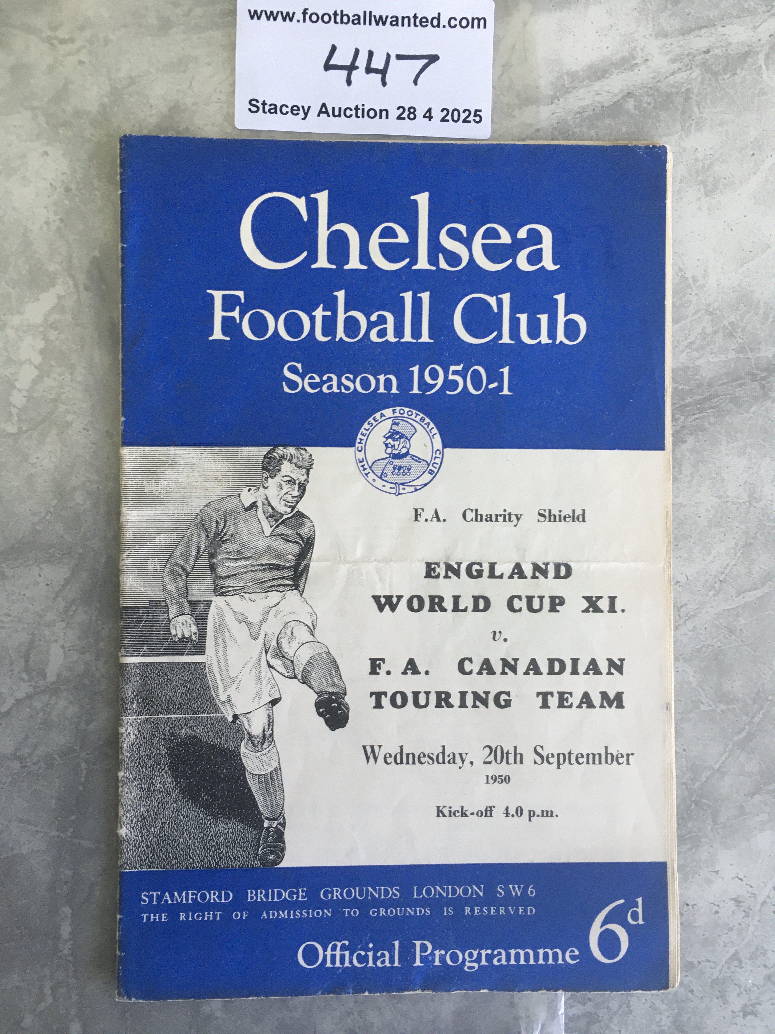 1950 Charity Shield Football Programme: Played at Chelsea between England World Cup X1 and FA Canadian Touring Team. Good condition with team changes and light fold.