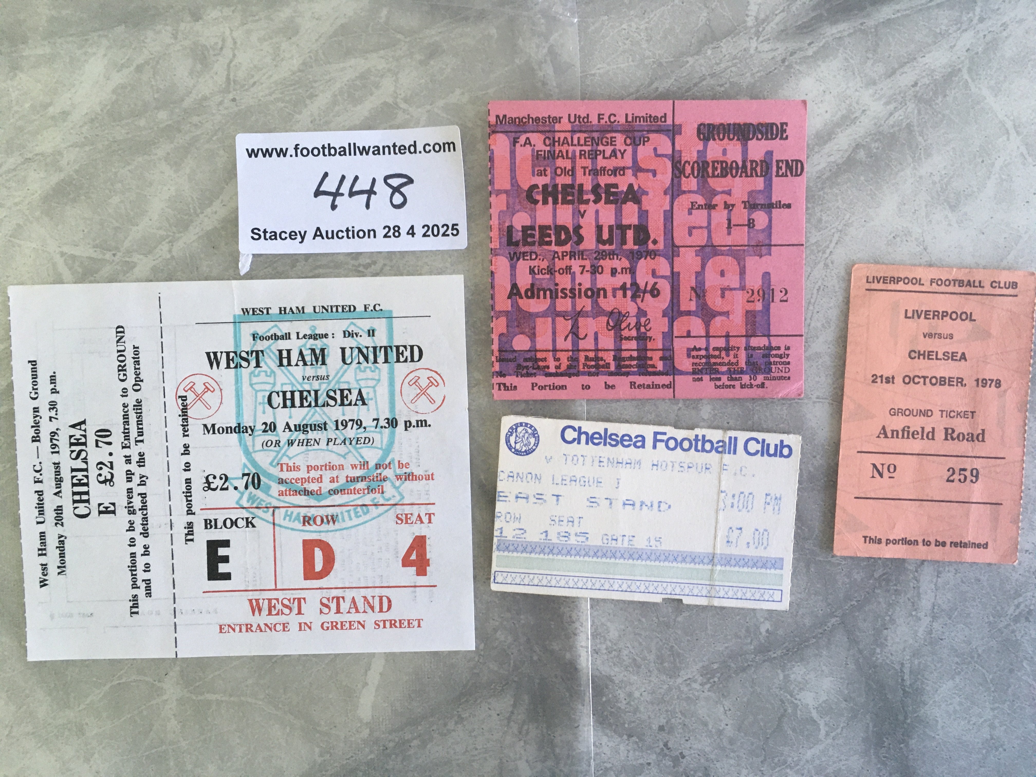 Chelsea Football Tickets: 1970 FA Cup final replay v Leeds, Home v Tottenham mid 80s, Away v 78/79 Liverpool and 79/80 West Ham unused with counterfoil. Very good. (4)