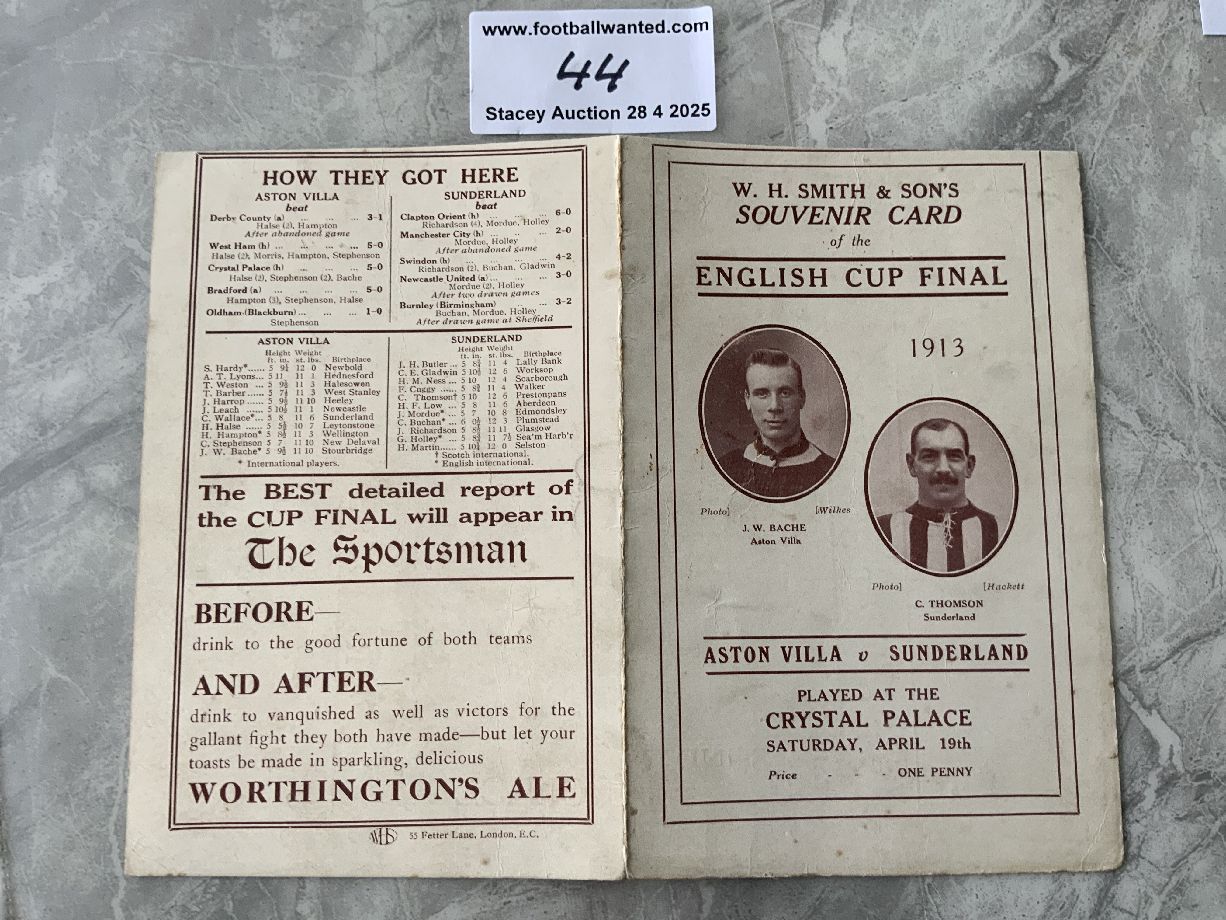 1913 FA Cup Final Football Programme: Aston Villa v Sunderland played at Crystal Palace. Four page one penny card has no team changes and is in good condition. Possible slight trim at top border. Please note there are two versions of this FA Cup final and this is the one produced by WH Smith.