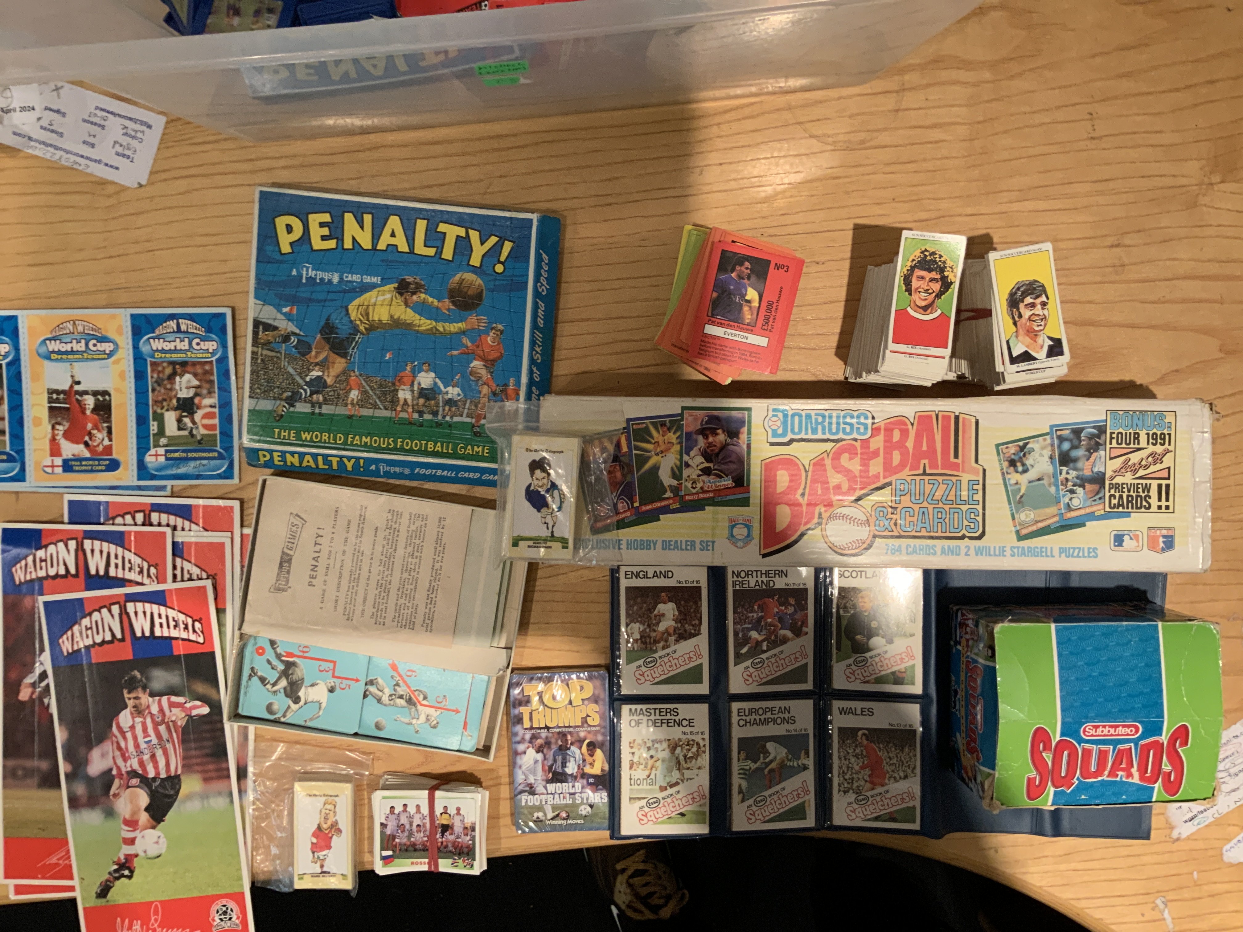 Football Card Box: Includes Squelchers, Top Trumps, Sun Soccercards, Daily Telegraph, Kelloggs Euro 96, Emlyn Hughes Team Tactix, Wagon Wheels plus some other sports.