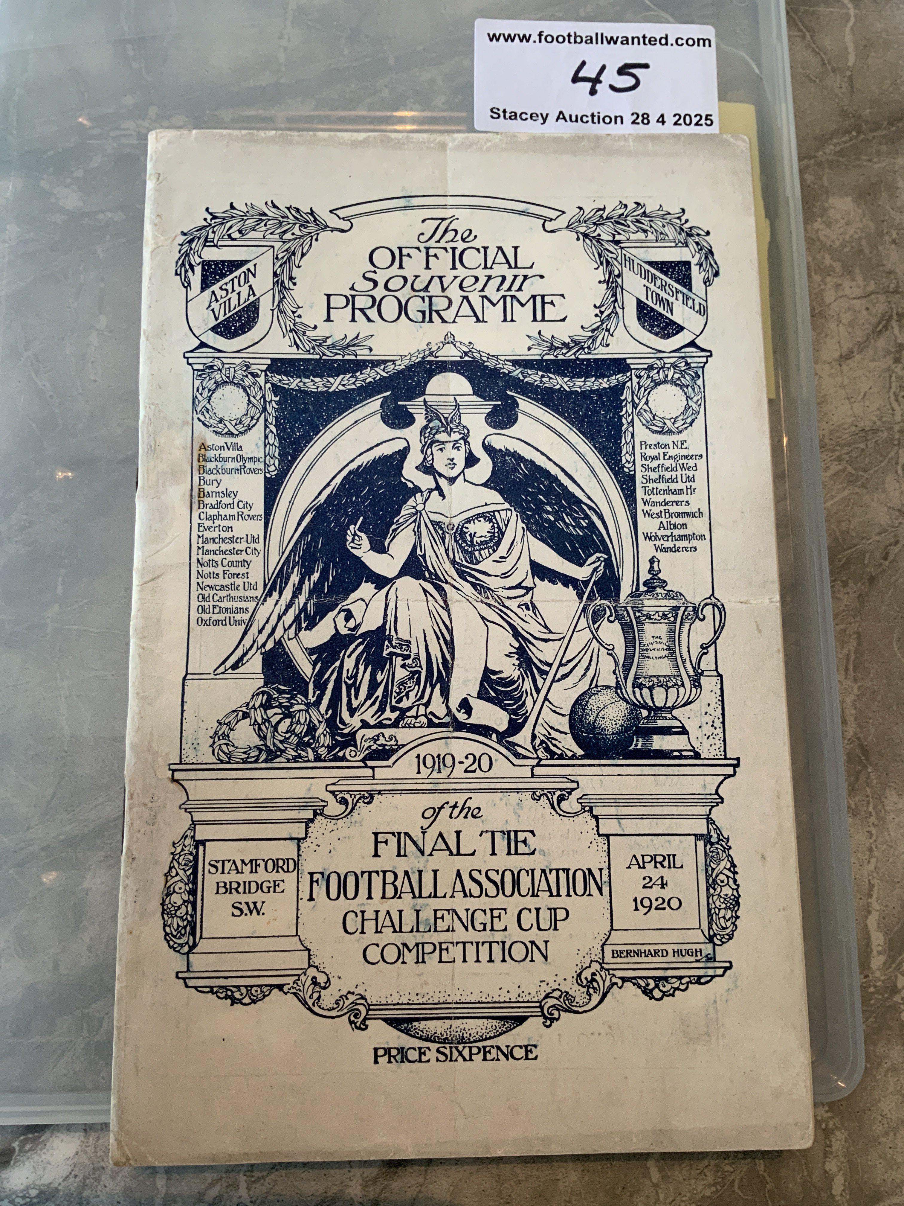 1920 FA Cup Final Football Programme: Aston Villa v Huddersfield Town played at Chelsea. Excellent condition now after professional clean and repair to staple area. No team changes. The first FA Cup played at Chelsea and also the first after World War One. Receipt from 2023 for over 2k.