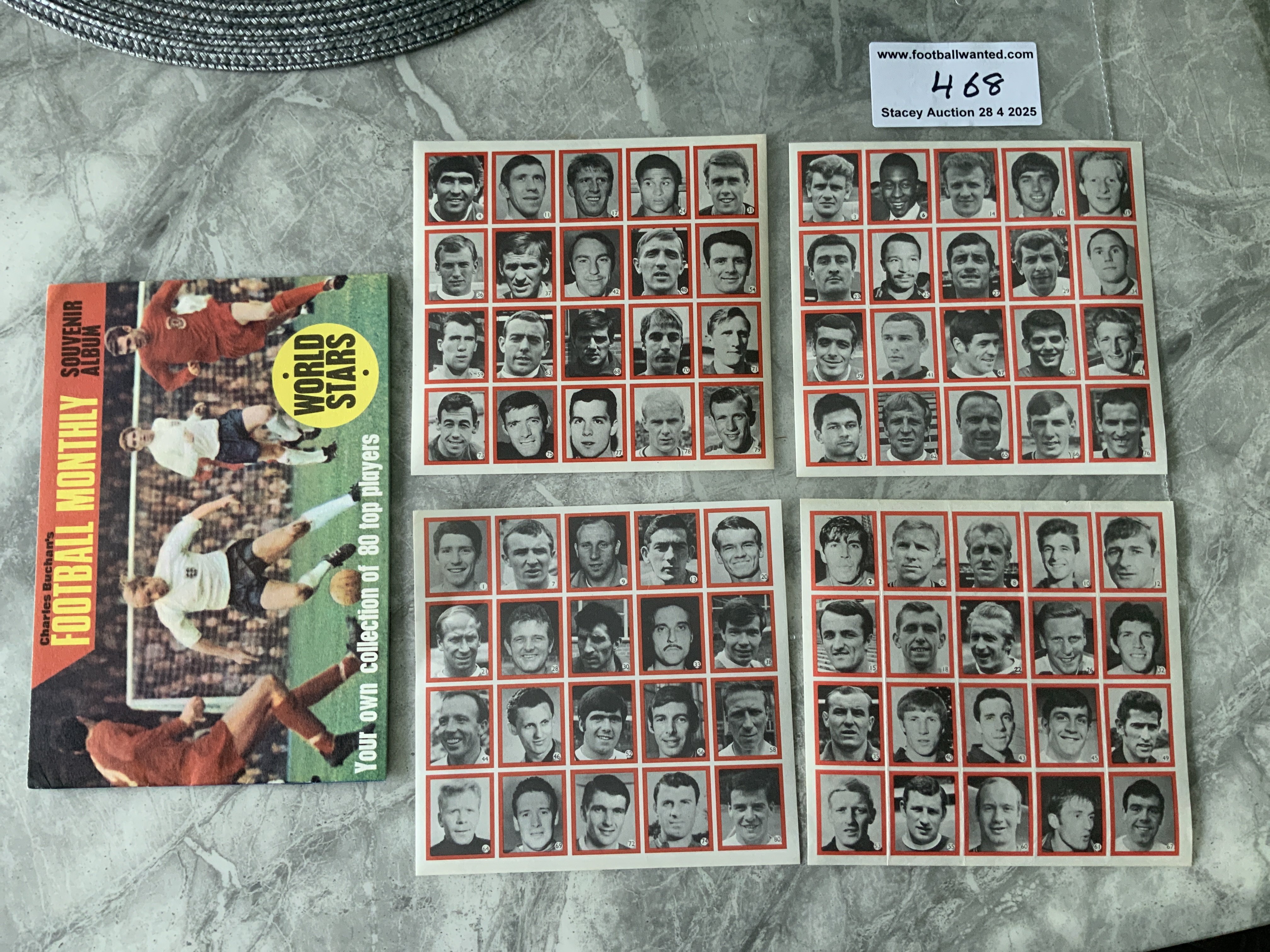 Charles Buchan Complete Uncut Football Stickers: 4 uncut sheets of 20 small World Stars cards plus excellent condition empty album.