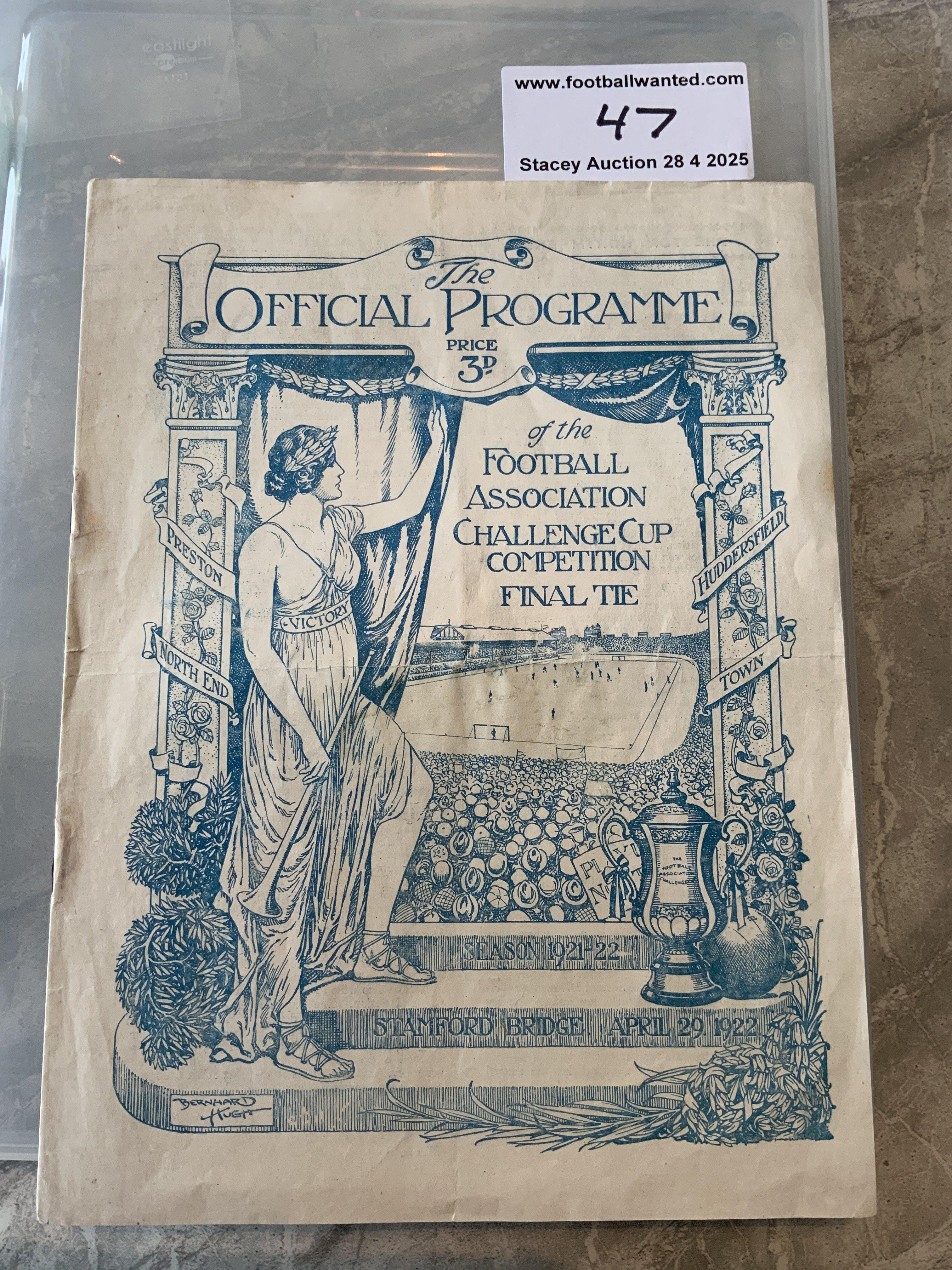 1922 FA Cup Final Football Programme: Preston v Huddersfield Town played at Chelsea. Very good condition now after professional clean and repair to staple area. No team changes. The last FA Cup played at Chelsea before Wembley took over for the next 77 years. Receipt from 2021 for nearly 2k.