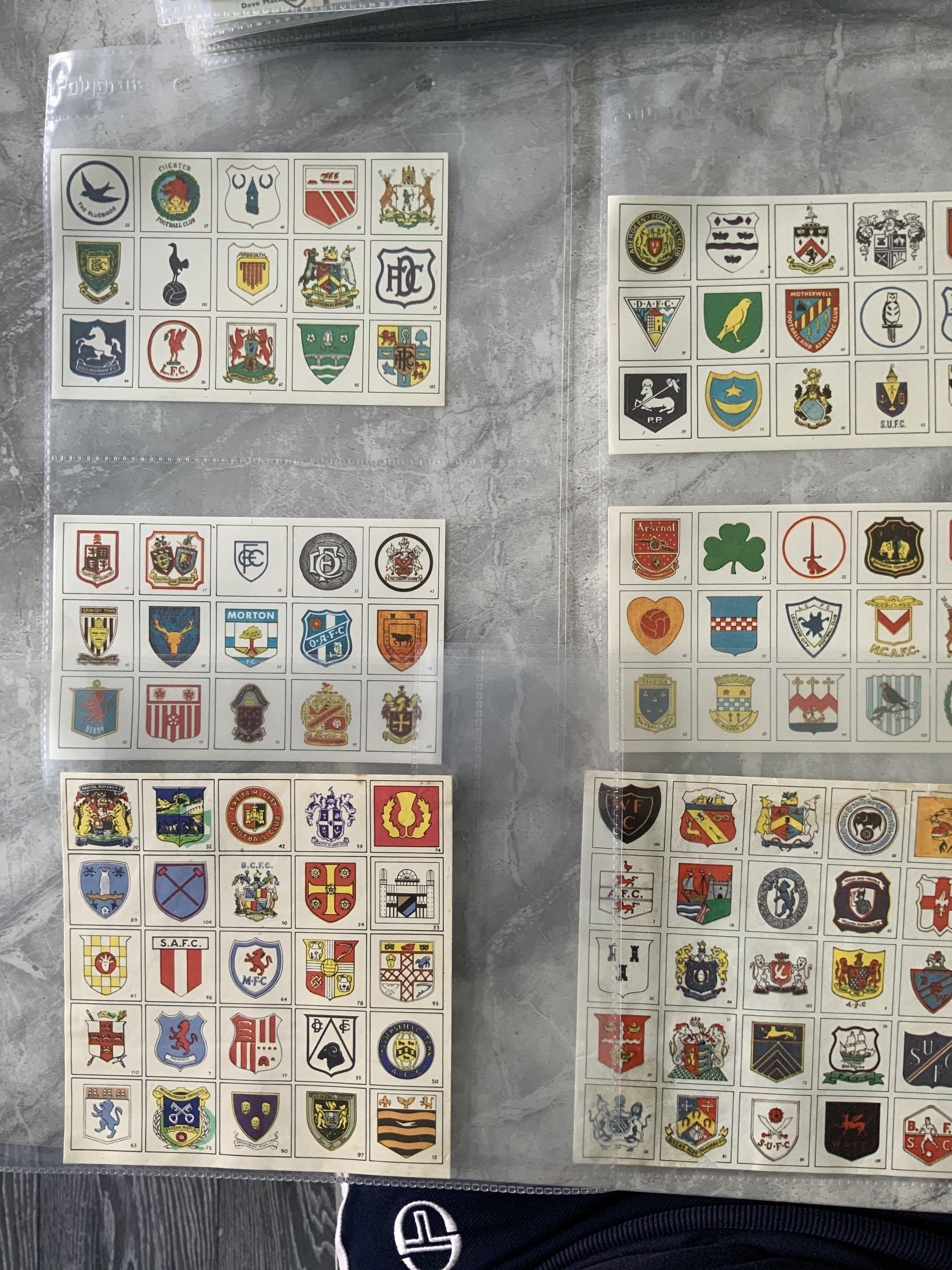 1967 Fleetway Roy Races Football Club Badges Cards: Uncut complete set of 110 in 6 sheets plus an empty album. Mint.