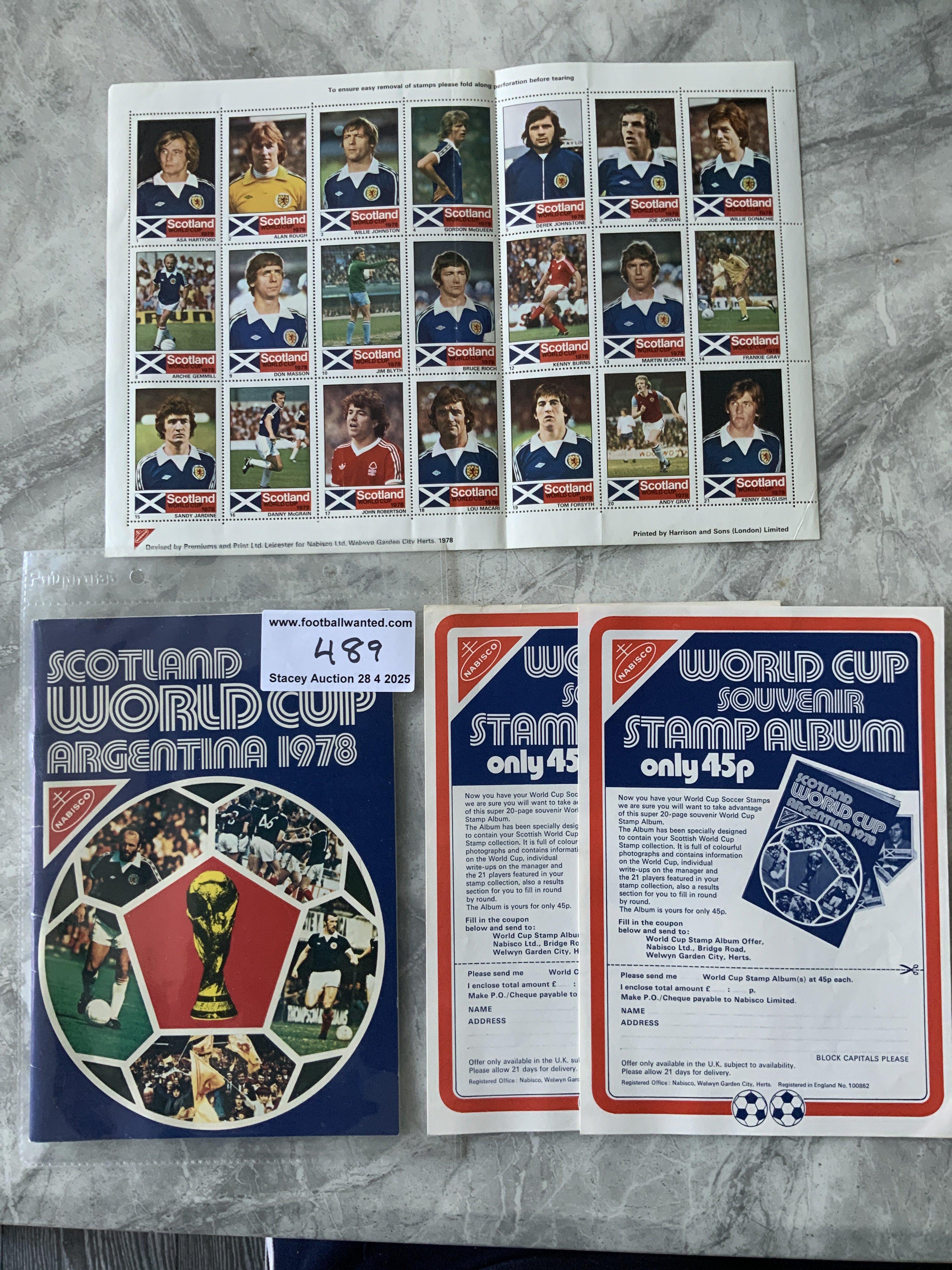 Scotland 1978 Rare Football Cards + Album: Uncut sheet of 31 Argentina World Cup cards in mint condition with empty album and two adverts.