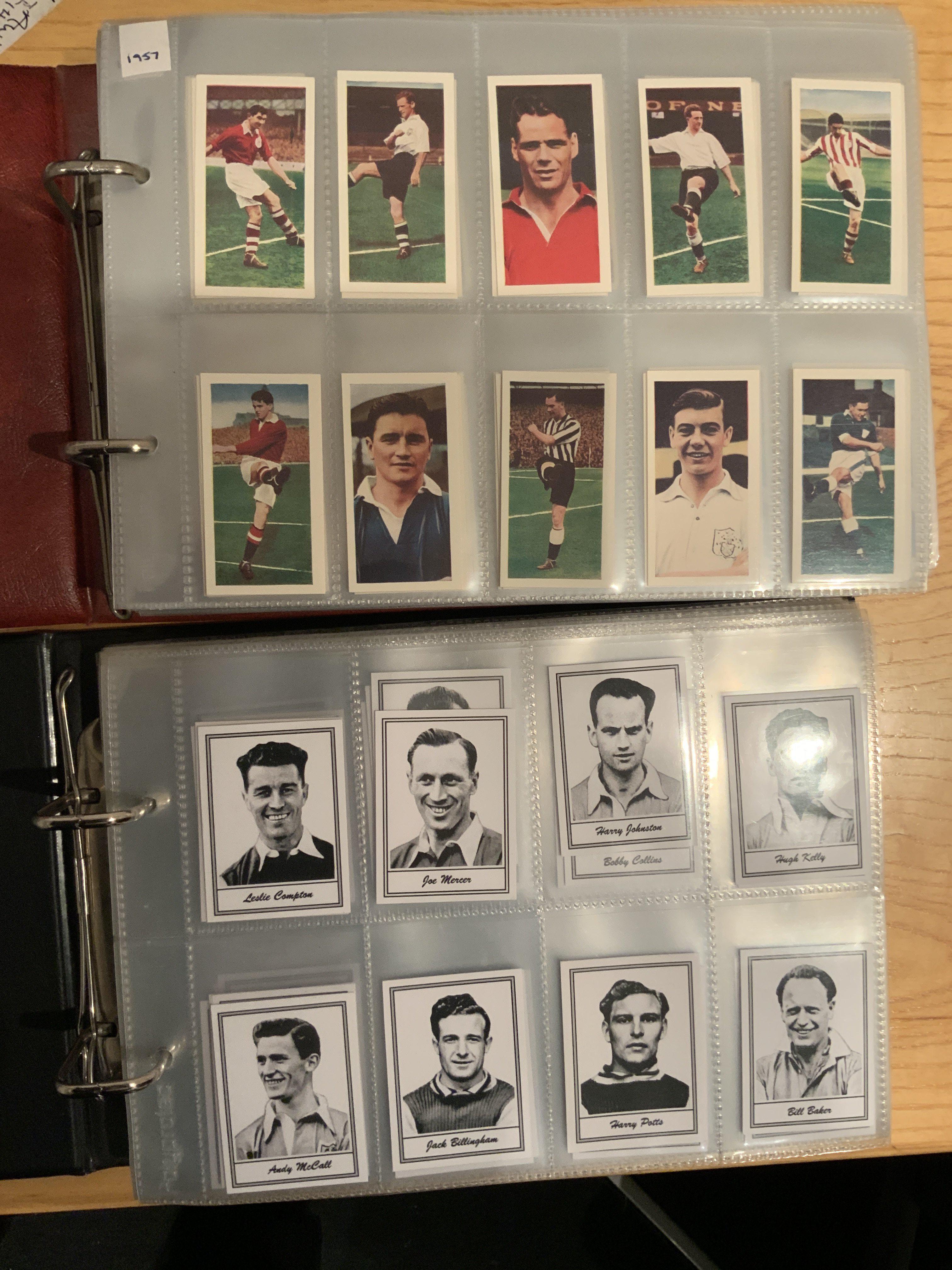 Football Card Collection: Includes Cadets 1957 complete, incomplete sets by Sweetule Ogdens plus some reproduced cards. Signed items including Trevor Ford Jimmy Armfield Brian Clough Ron Clayton Glen Hoddle Wilf Mannion and others. Quantity in two albums.