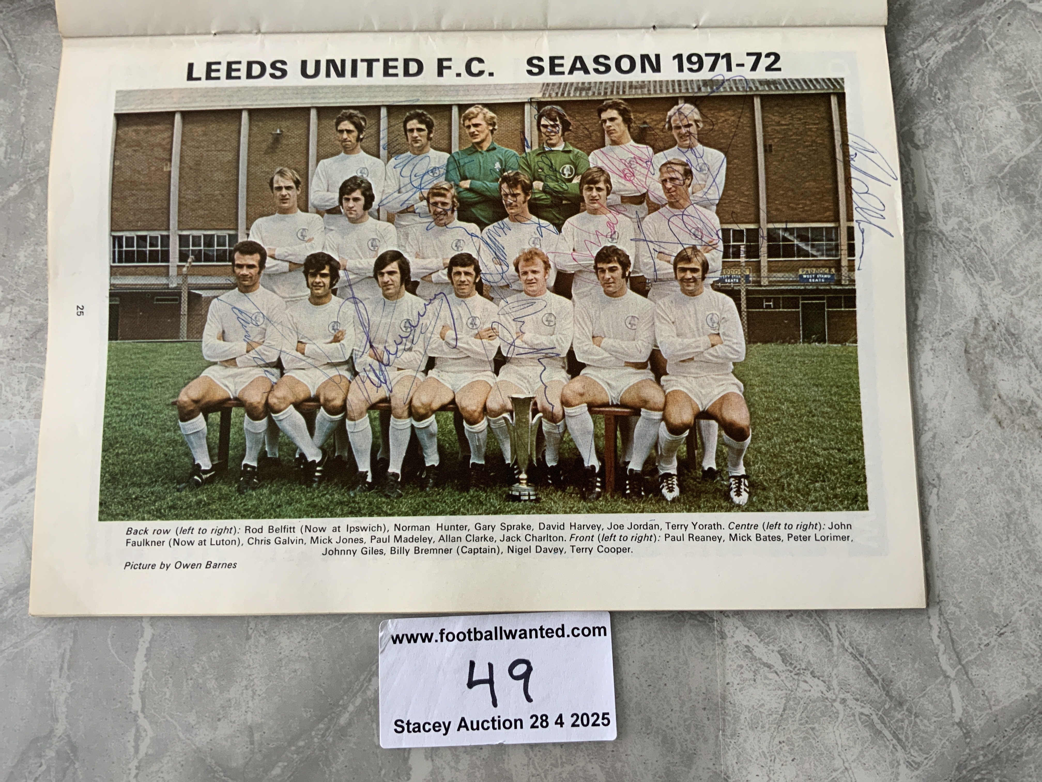 1972 FA Cup Final Leeds United Signed Football Programme: Colour squad picture inside is signed by 11 Leeds players including Charlton Reaney and Bremner. Genuine autographs a little scruffy but programme is excellent.