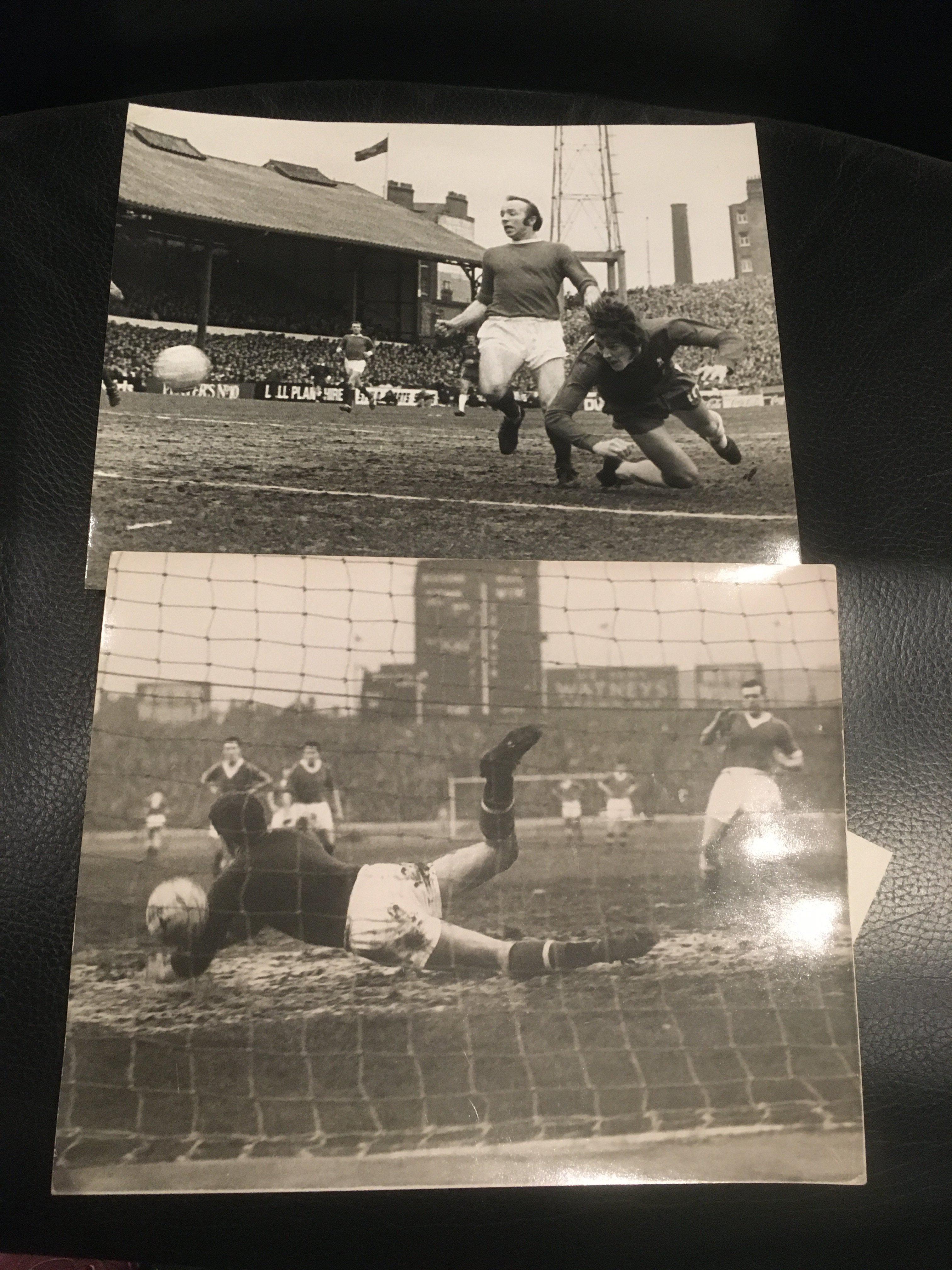 Chelsea v Manchester United Football Press Photos: 1958 Gregg fails to stop a penalty and 1966 Nobby Stiles and Ian Hutchinson. 10 x 8 press photos of which the 1958 one has press stamp and annotations. (2)
