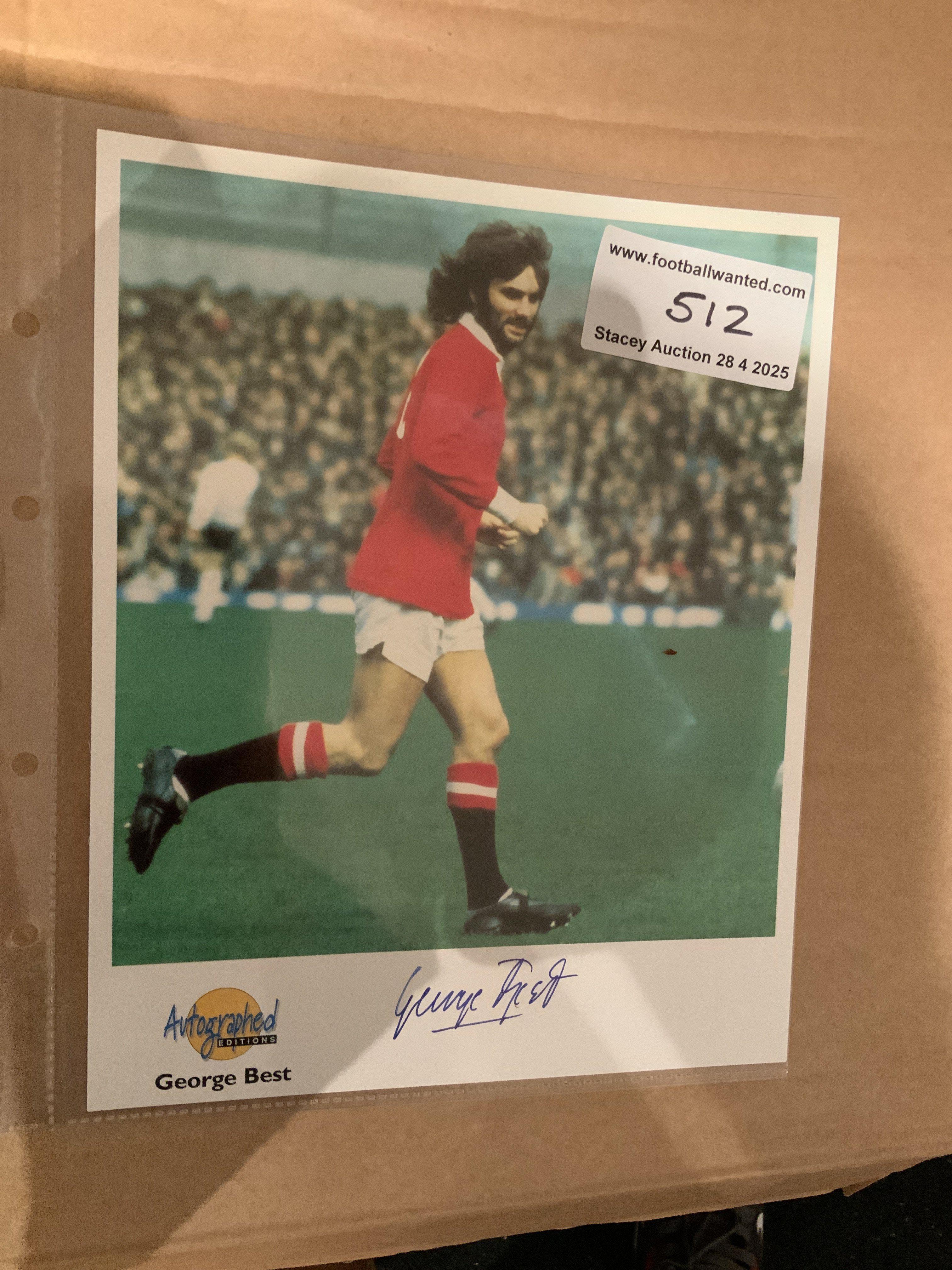 George Best Manchester United Autographed Editions Signed Photo: Stunning large card from reputable company Autographed Editions. Depicts Best in Manchester United kit with a lovely clear undedicated autograph to lower border. Rear has his career details.