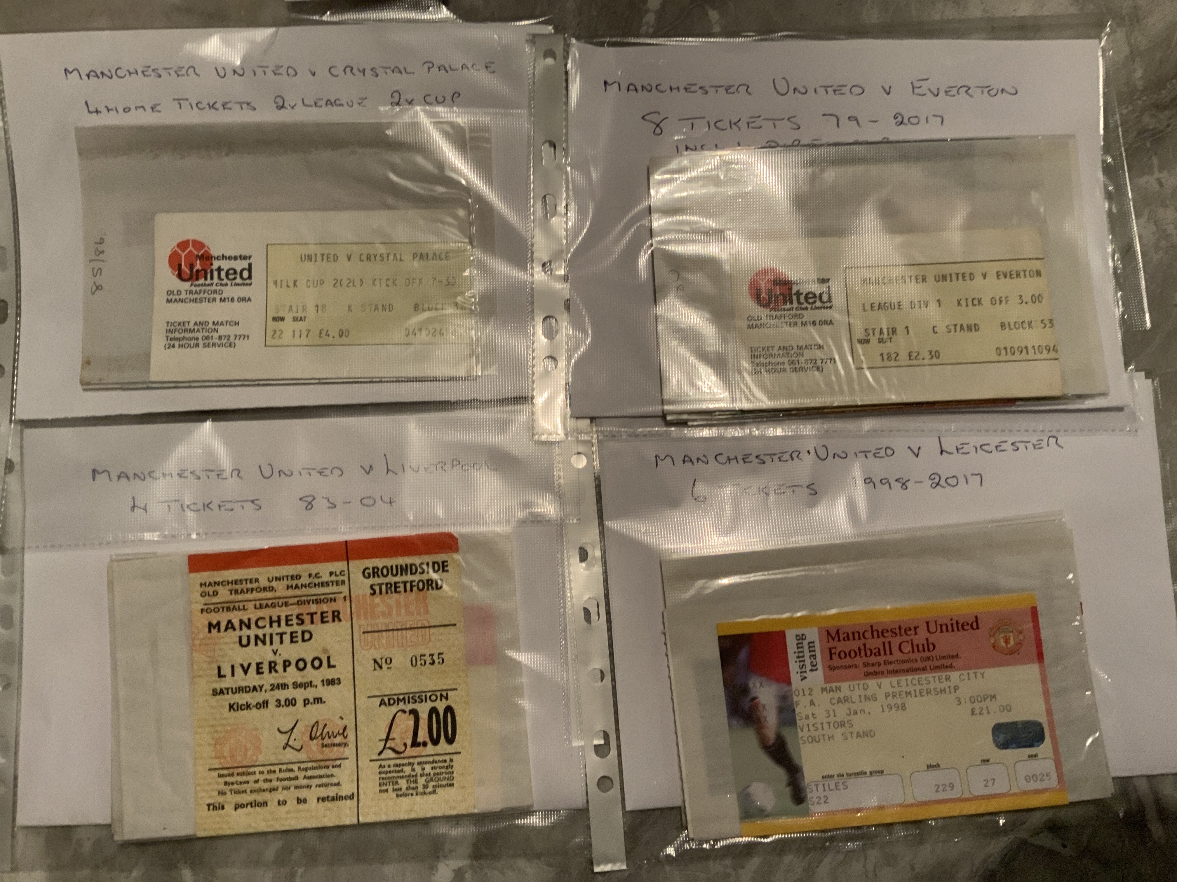 Manchester United Home Football Tickets: All versus Crystal Palace Everton Leicester and Liverpool. Mainly modern but starting in 1979. Excellent with instructions to sell. (22)