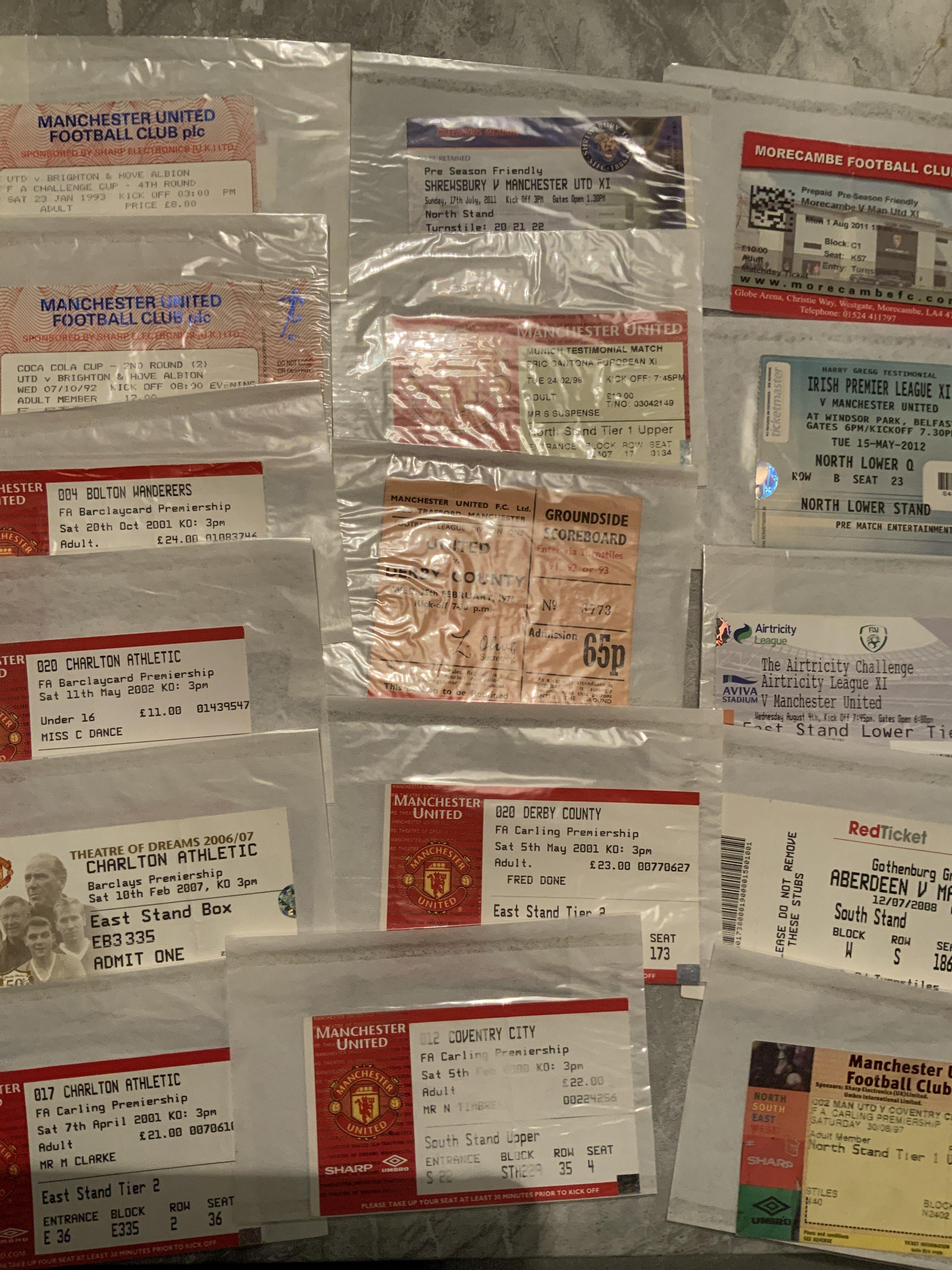 Manchester United Football Tickets: 5 away friendlies plus Cantona testimonial ticket. C/W 8 homes v Derby Charlton and Brighton. Instructions to sell. Excellent. (16)