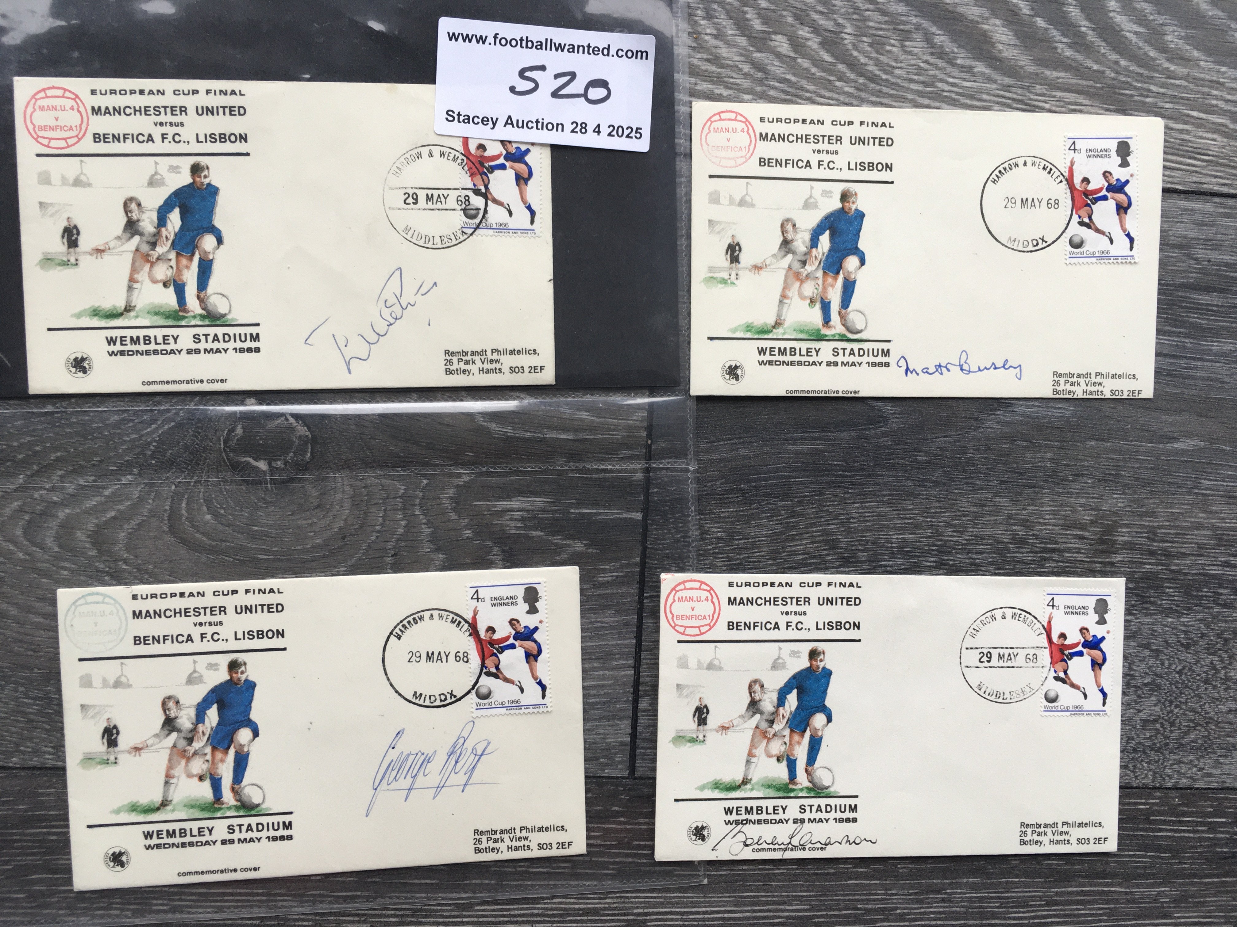 1968 ECF Manchester United Signed First Fay Covers: Wembley postmark dated 29 5 1968 on all four FDCs which was day of the famous match v Benfica. Individually hand signed by George Best Matt Busby Bobby Charlton and Eusebio. Nice items. (4)