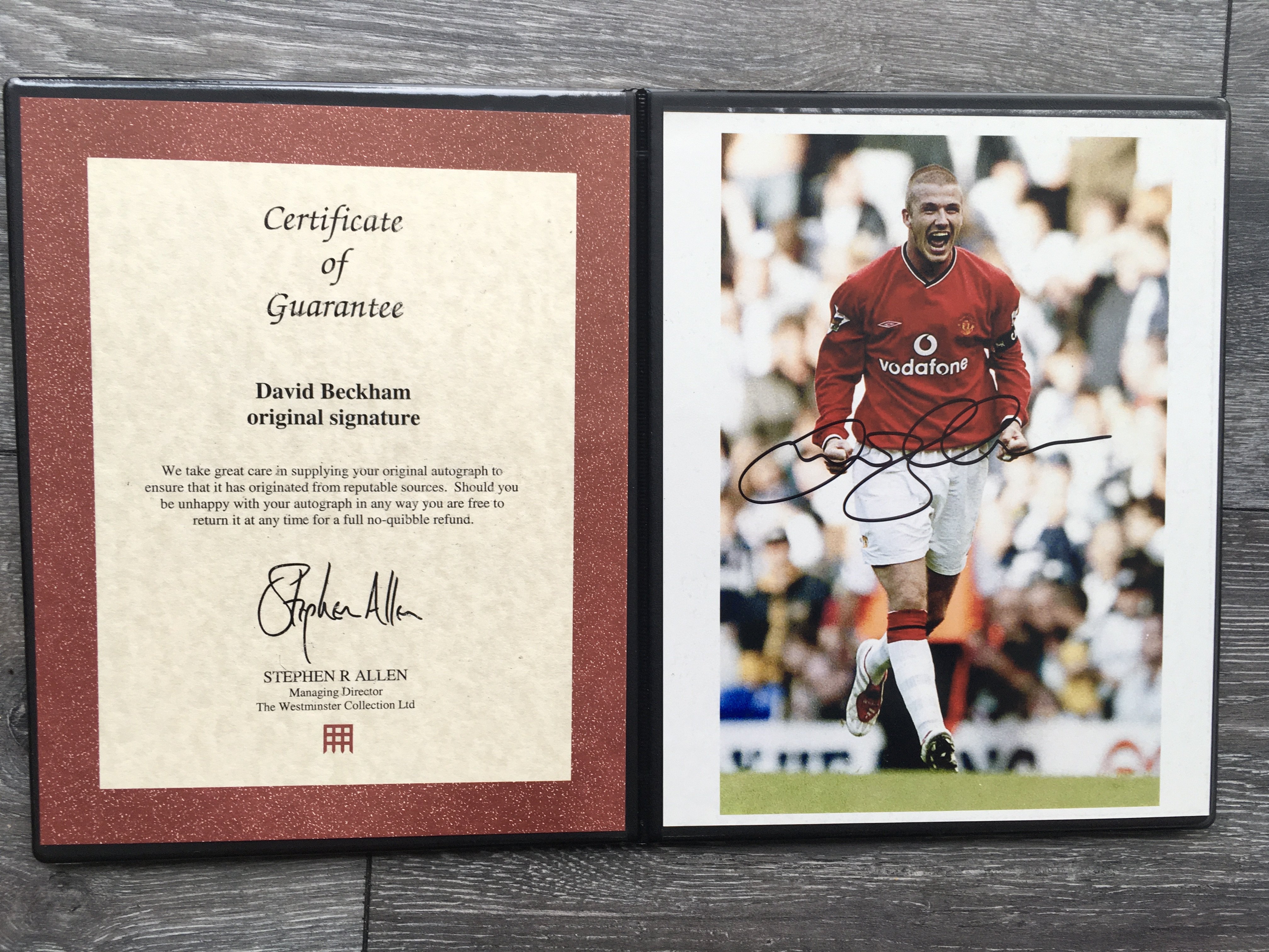 Manchester United Signed Football Photos: Genuine photo of Beckham in Manchester United kit with certificate and folder from the reputable Westminster Collection. Bobby Charlton signed FDC by reputable Autographed Editions. Other autographs on various paper items include Robson, P + G Neville Wilkins and Bailey.