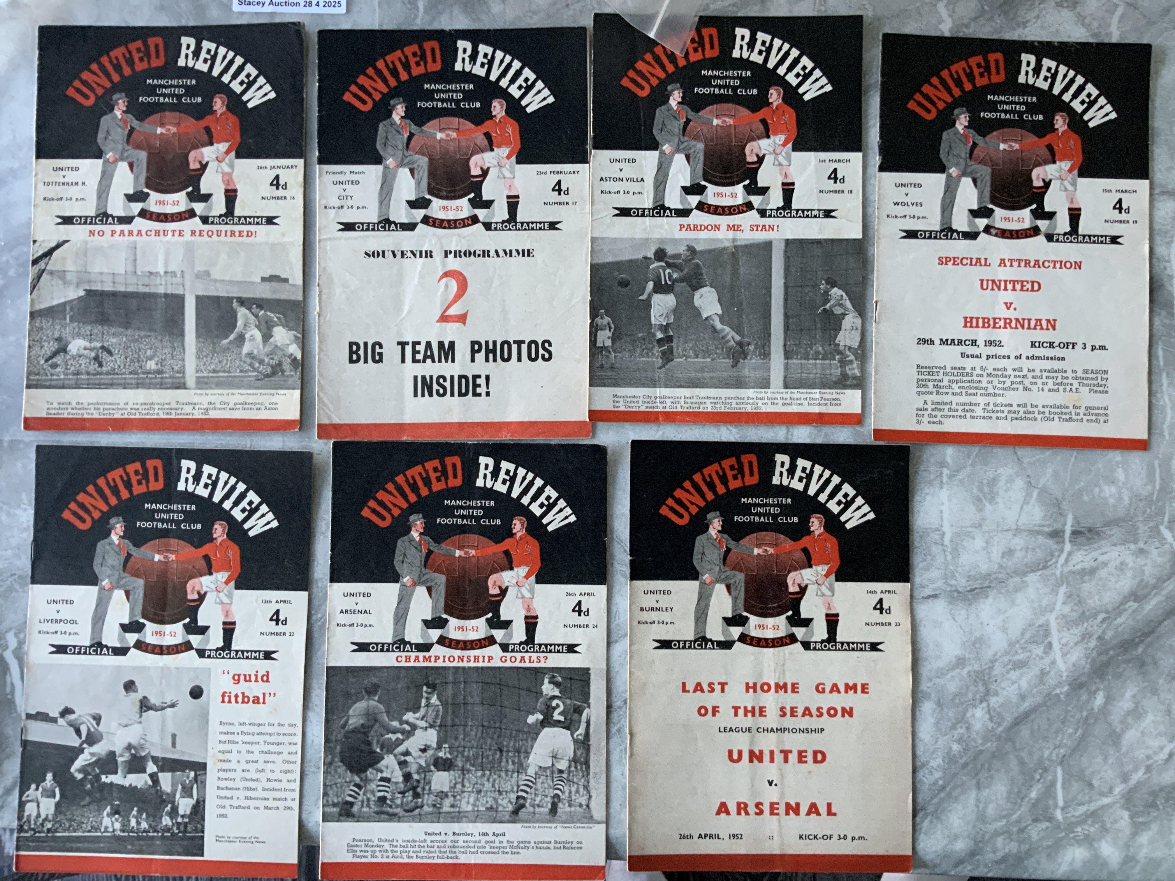 51/52 Manchester United Home Football Programmes: Includes friendly v Manchester City, Tottenham, Arsenal, Liverpool, Burnley, Aston Villa and Wolves. Good. (7)