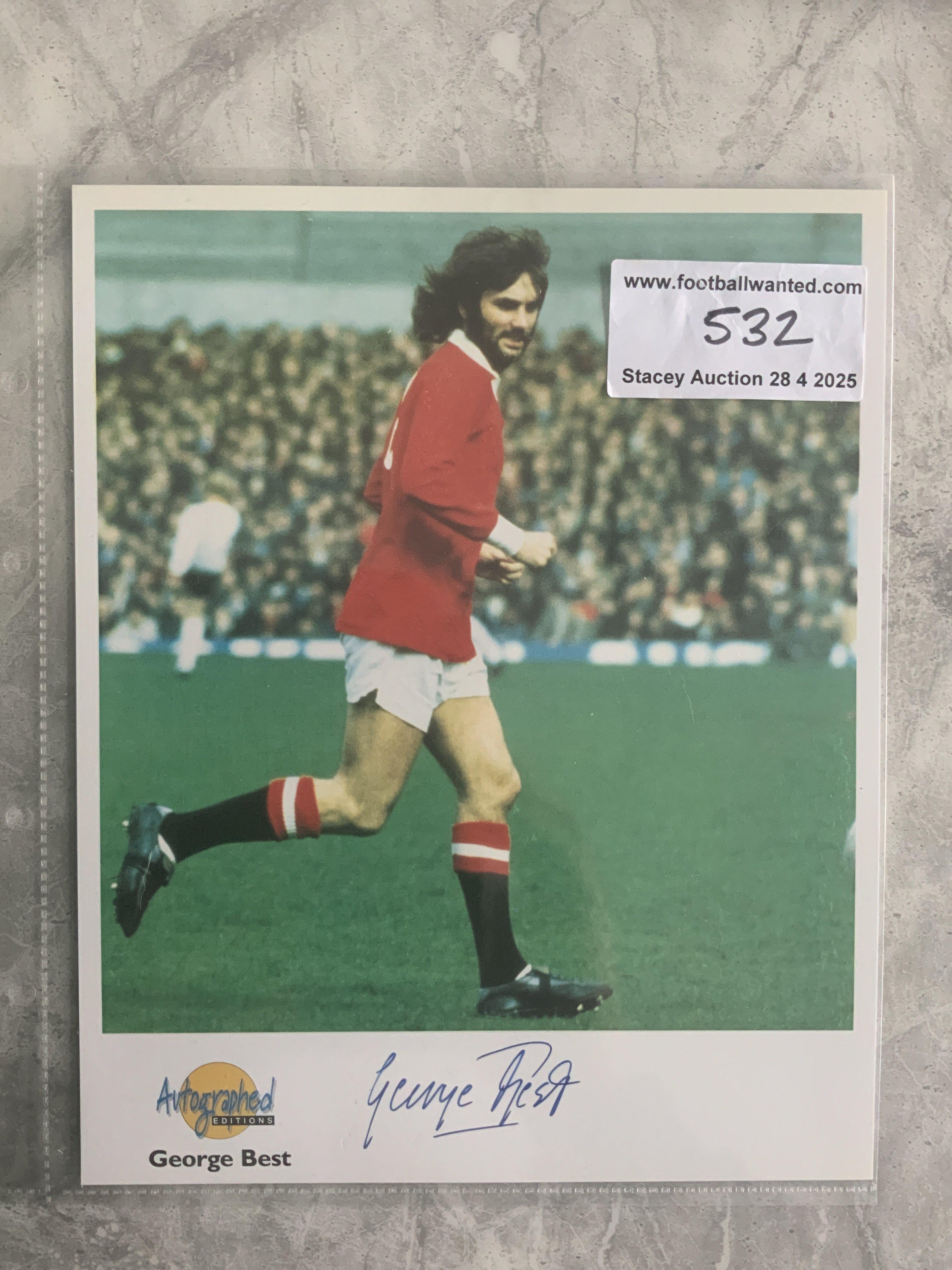 George Best Manchester United Autographed Editions Signed Photo: Stunning large card from reputable company Autographed Editions. Depicts Best in Manchester United kit with a lovely clear undedicated autograph to lower border. Rear has his career details.