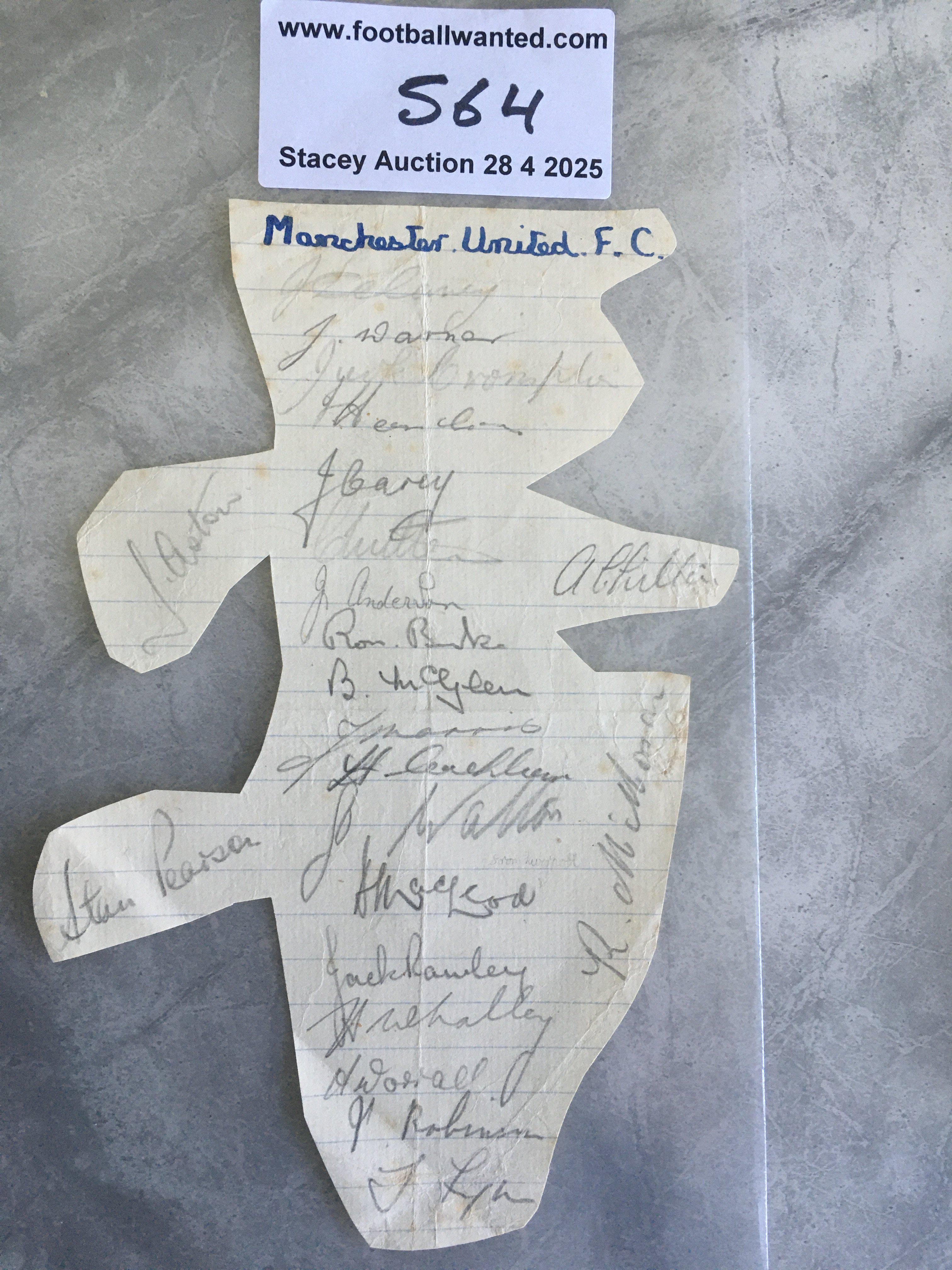 47/48 Manchester United Football Autograph: Odd shaped page after being cut out of lined exercise page. Signed in pencil by 23 from the FA Cup final winning team.