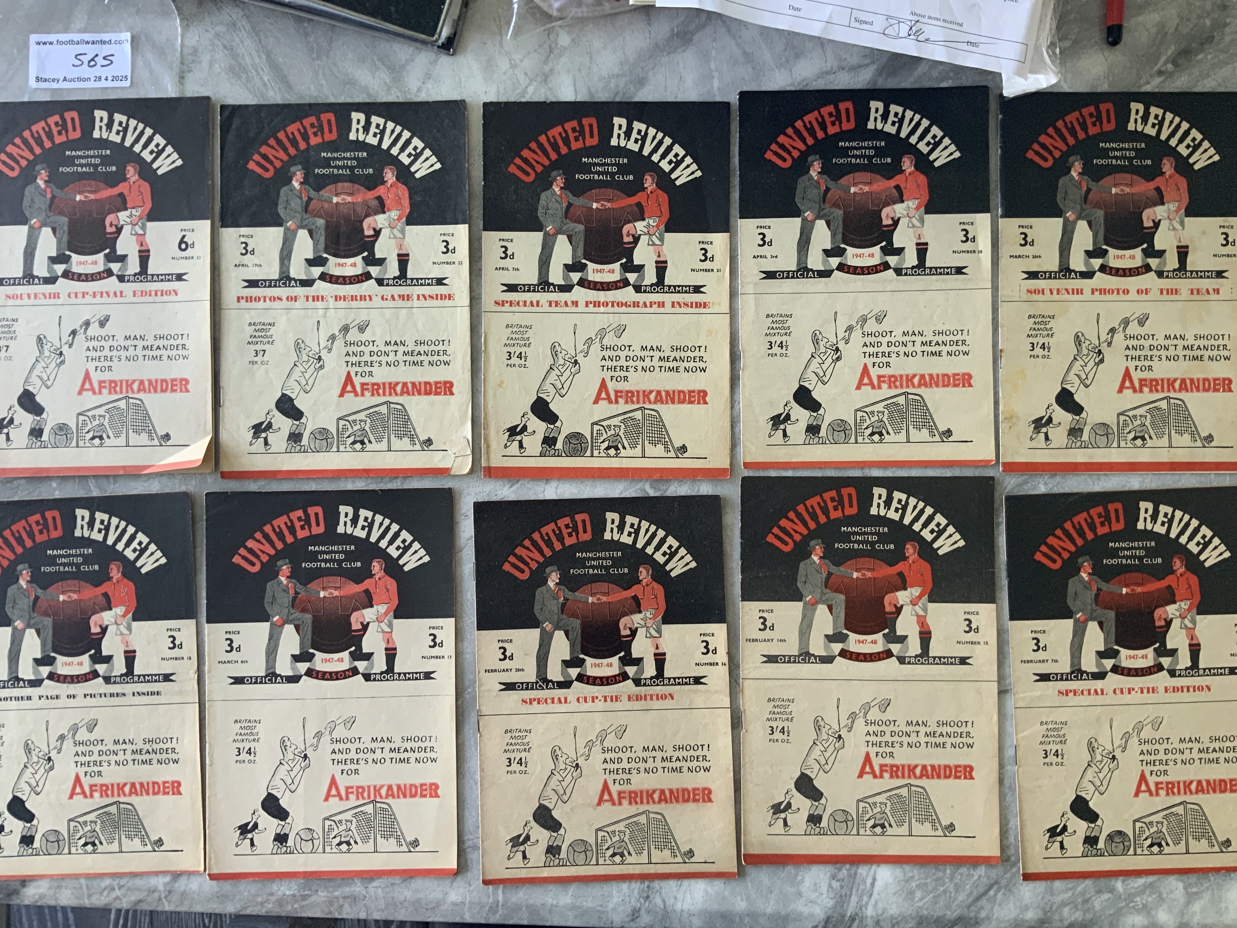 47/48 Manchester United Home Football Programmes: Mainly very good condition from the season Man Utd won the FA Cup and were runners up in the league. Complete of all league including Blackburn with supplement. (23)