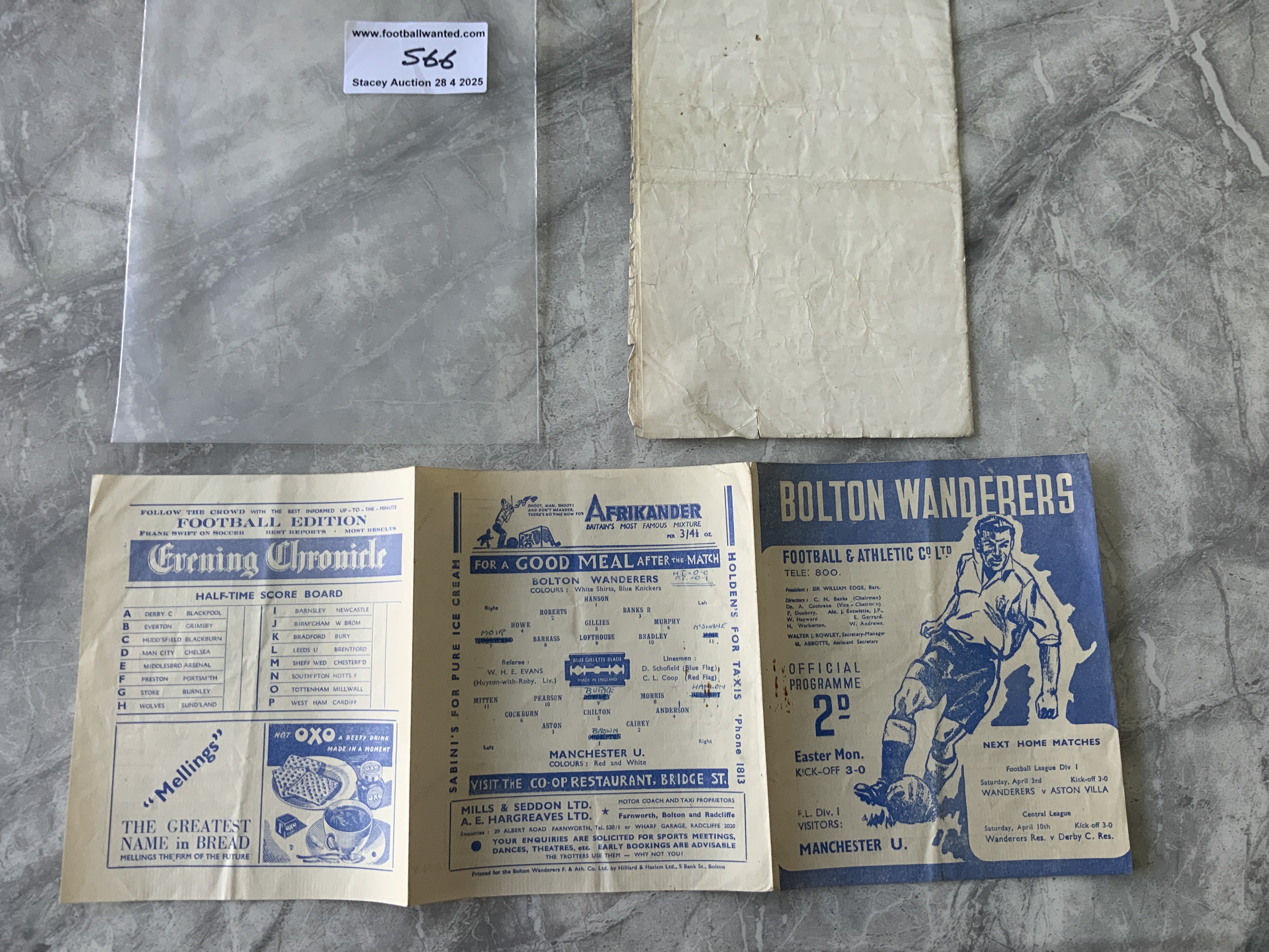 47/48 Bolton v Manchester United Football Programme: Good condition gatefold programme with team changes together with a poor Wolves v Man Utd from the same season. (2)