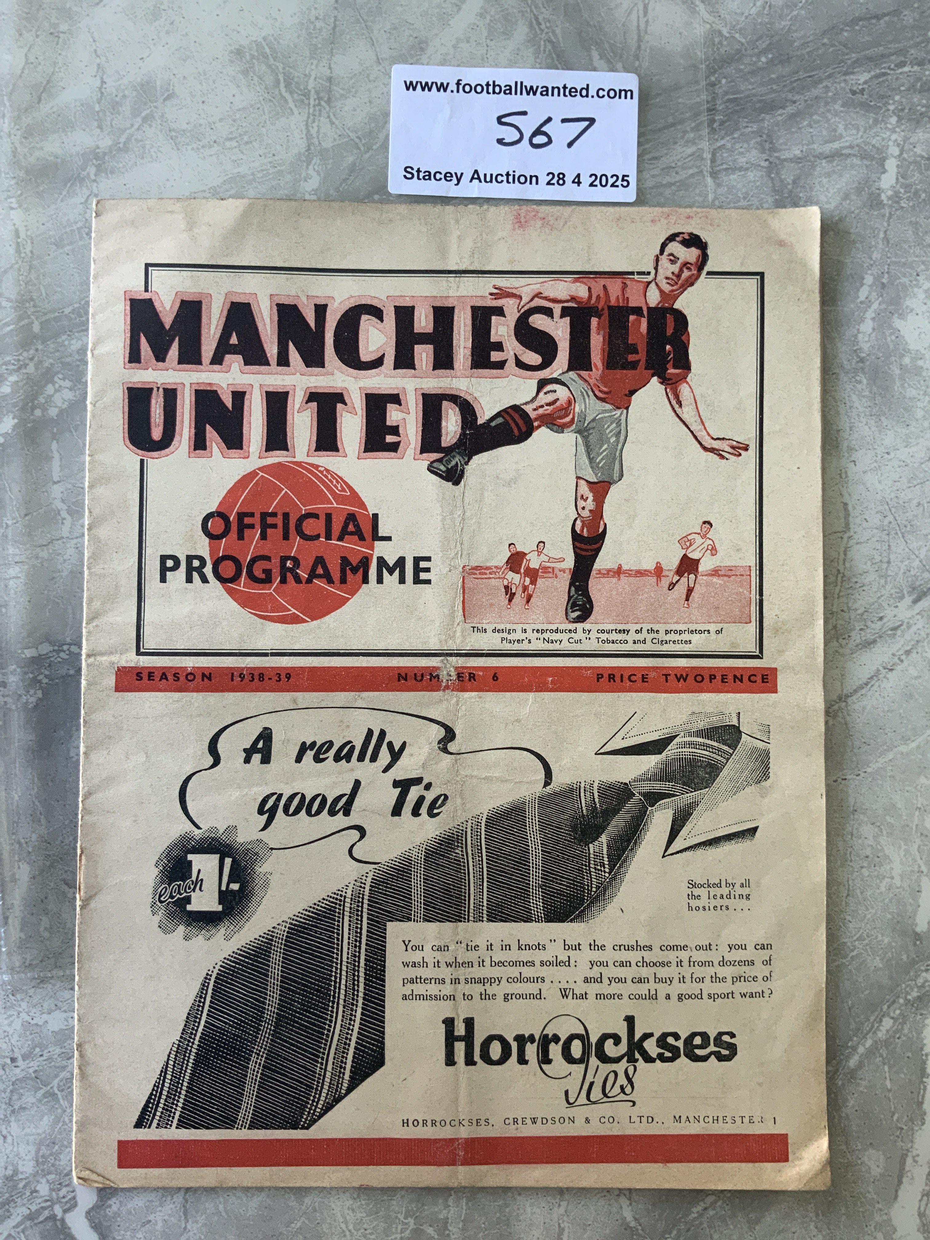 38/39 Manchester United v Sunderland Football Programme: Fair/good condition with no team changes. Some wear to fold. Staples removed not rotted away.