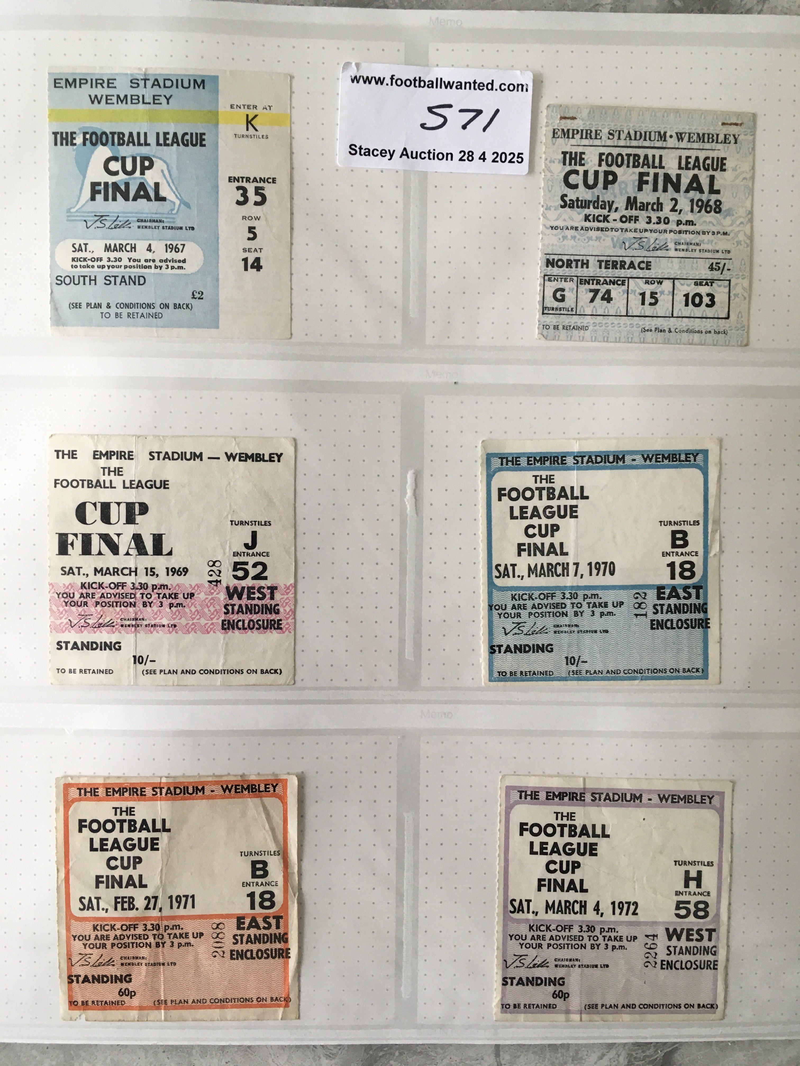 League Cup Final Football Ticket Collection: Complete run of tickets from the old Wembley from 1967 to 2000. Good condition set of 34 tickets with no replays.
