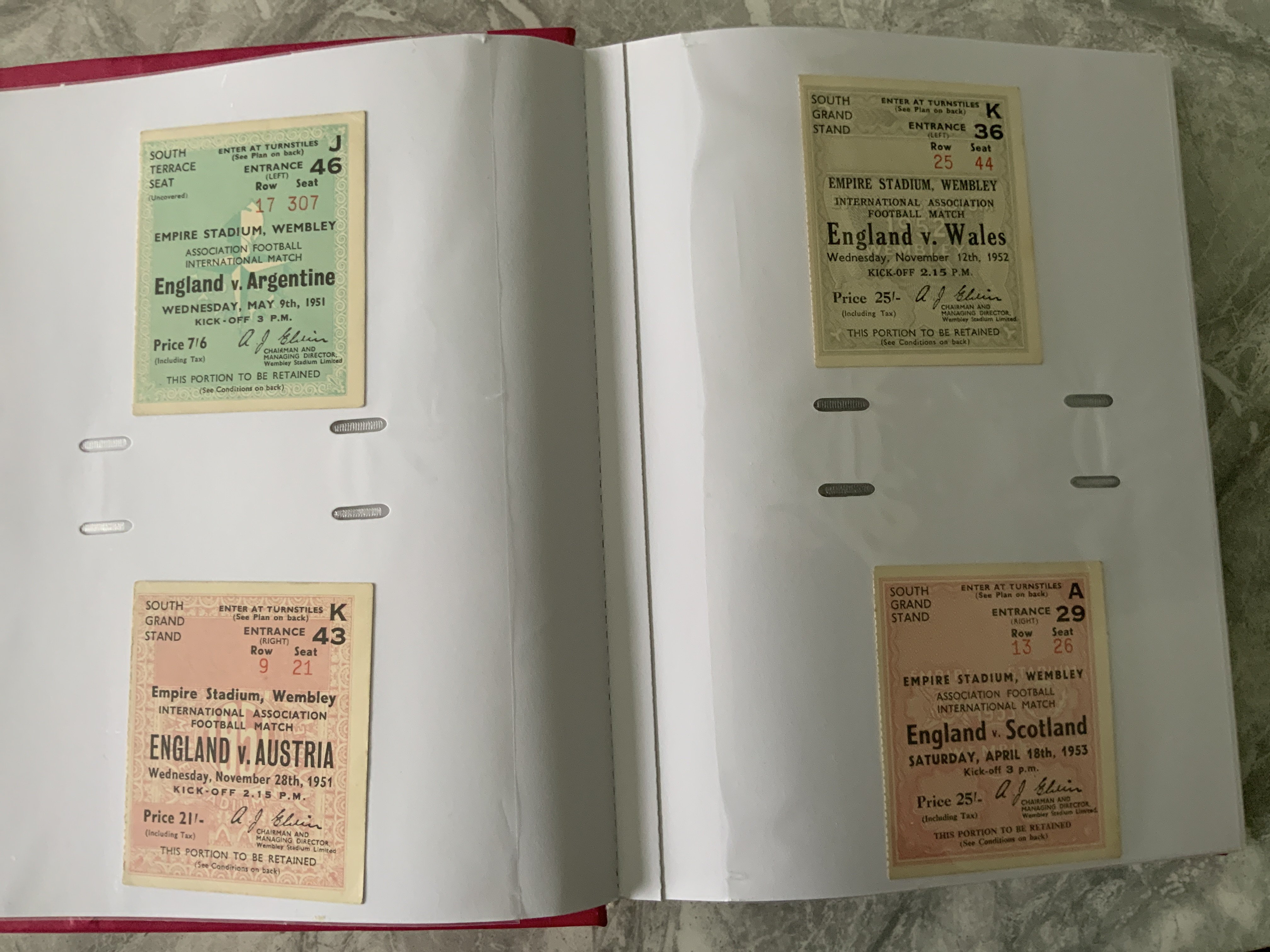 England Home Football Tickets: Full Internationals from 1947 with 20 from the 50s then through until 2012. Excellent condition presented nicely in folder. (est 200)